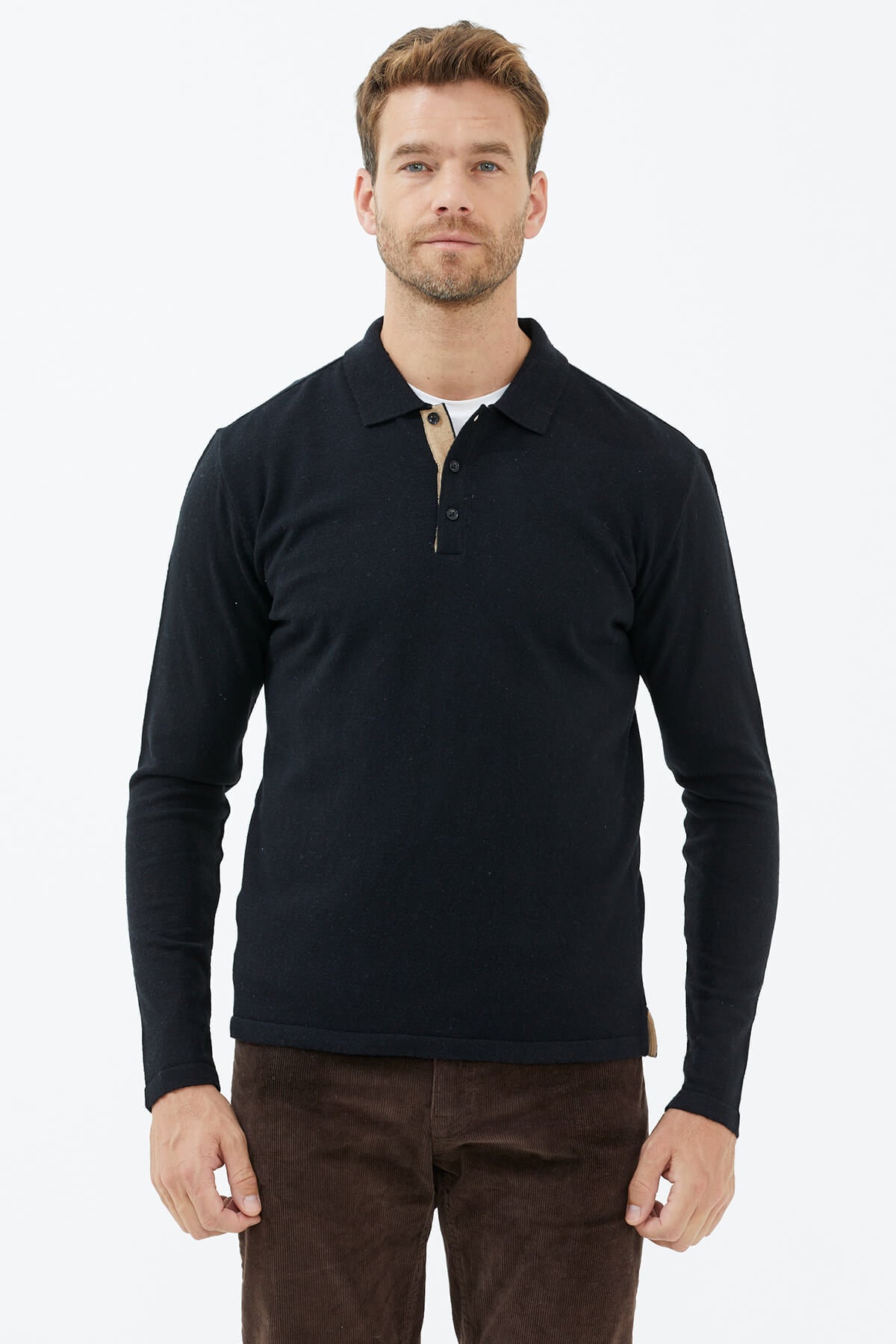 Polo Yaka Patlı Düğmeli Triko Kazak - Siyah (2) Sementa