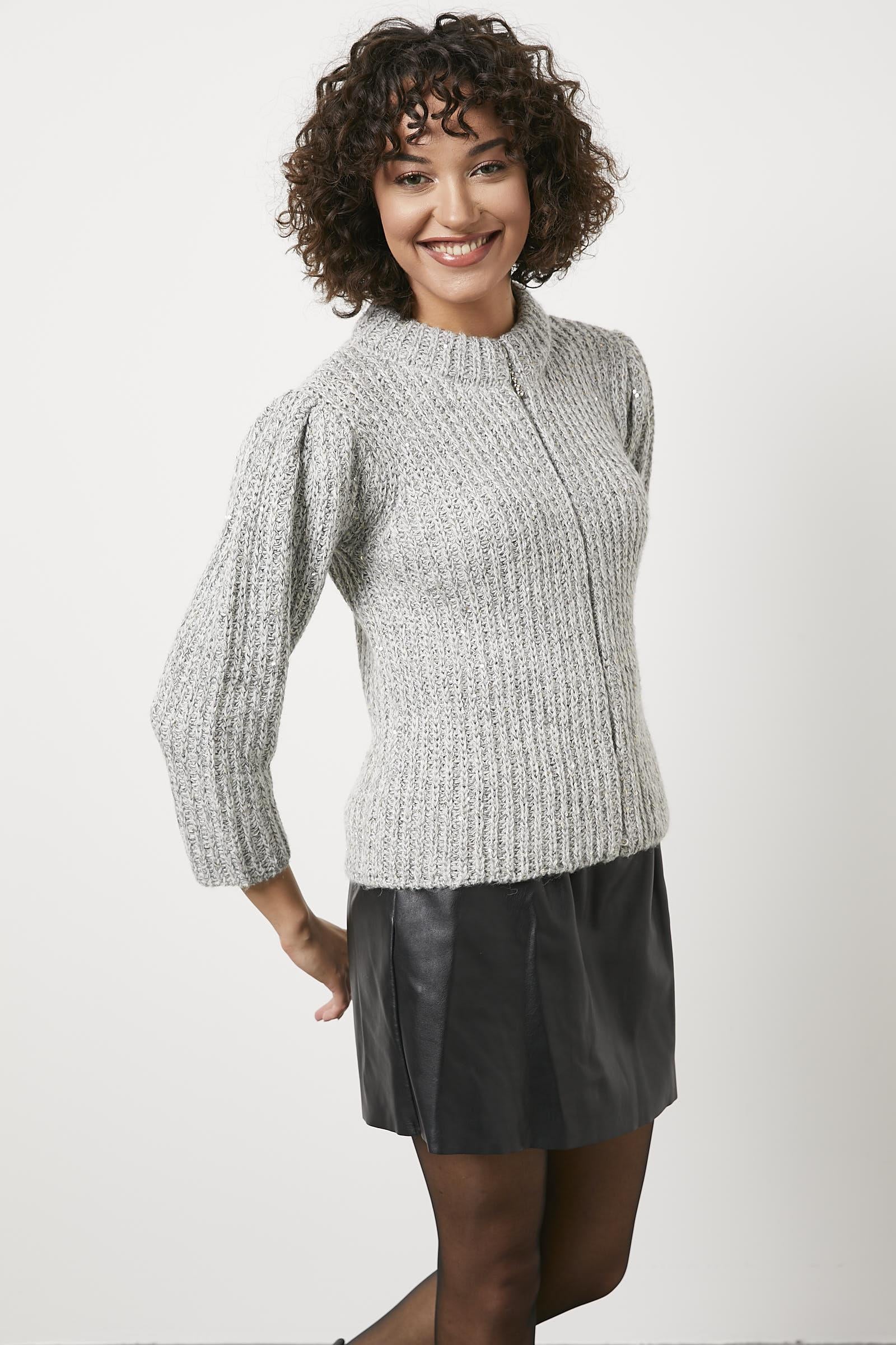 Pullu Fermuarlı Triko Hırka - Gri (2) Sementa