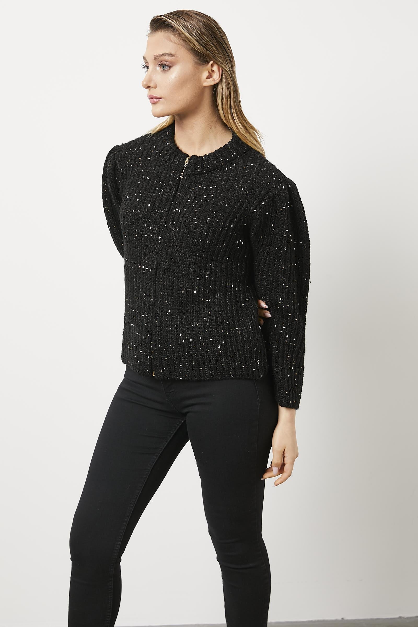 Pullu Fermuarlı Triko Hırka - Siyah (2) Sementa