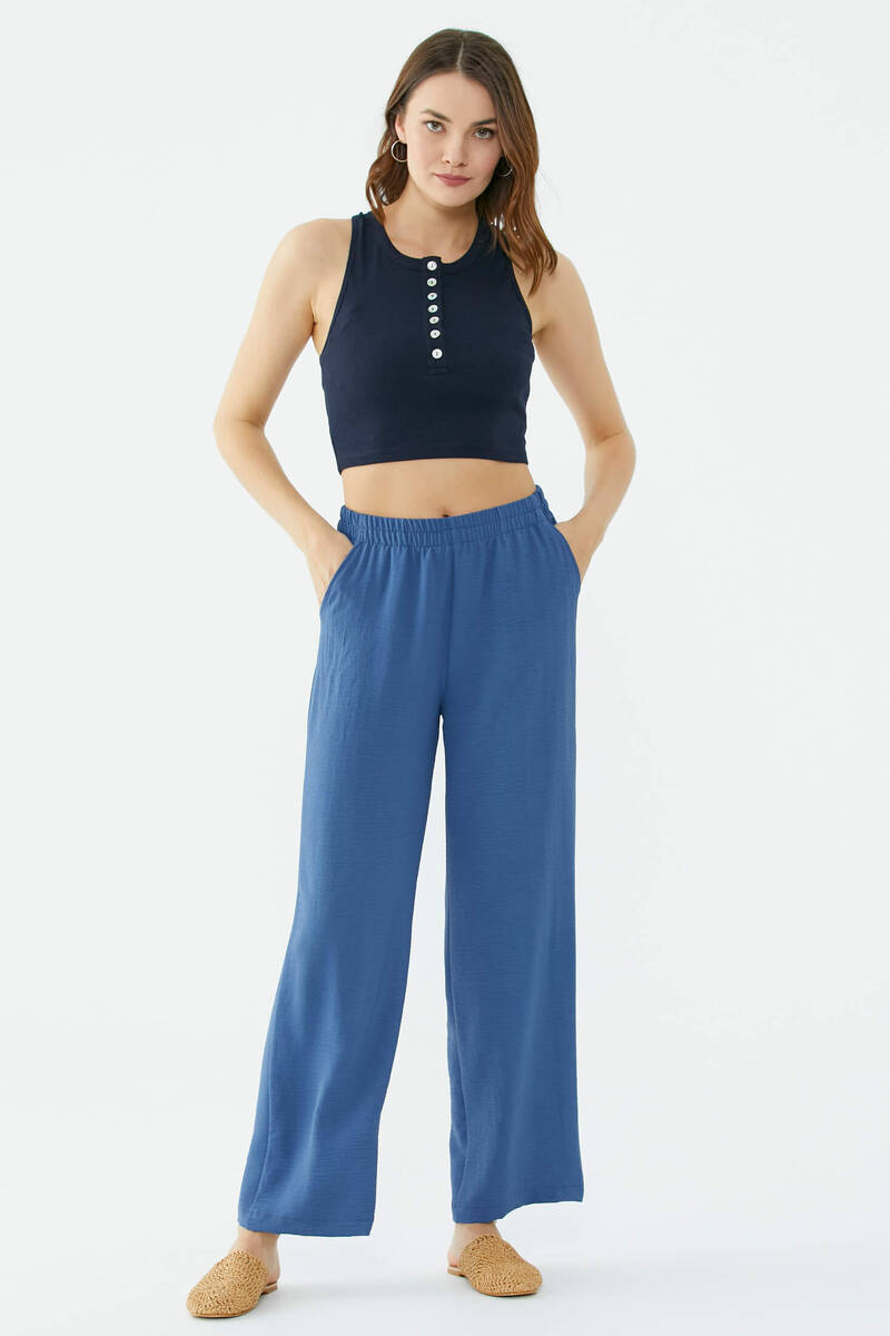 Rahat Kalıp Dökümlü Krep Pantolon - Indigo (1) Sementa