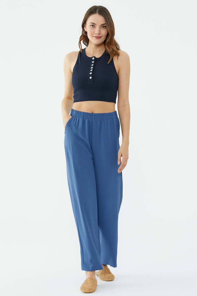 Rahat Kalıp Dökümlü Krep Pantolon - Indigo (2) Sementa