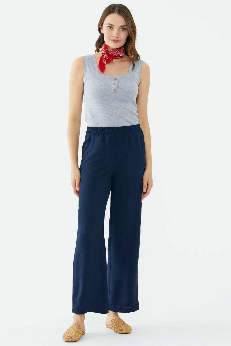 Rahat Kalıp Dökümlü Krep Pantolon - Lacivert (1) Sementa