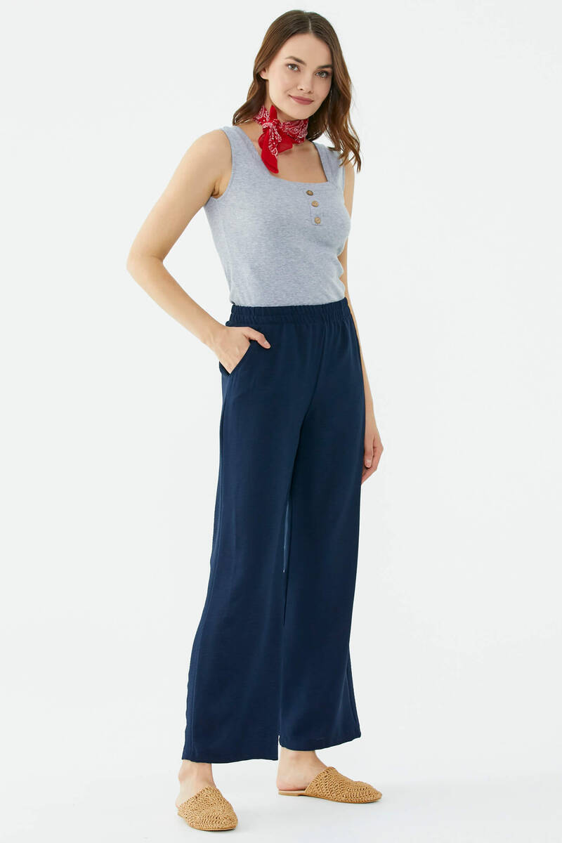 Rahat Kalıp Dökümlü Krep Pantolon - Lacivert (3) Sementa