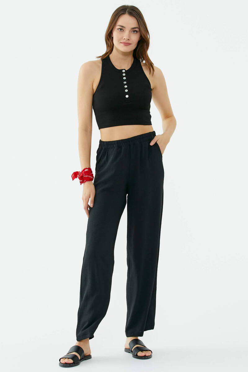 Rahat Kalıp Dökümlü Krep Pantolon - Siyah (1) Sementa
