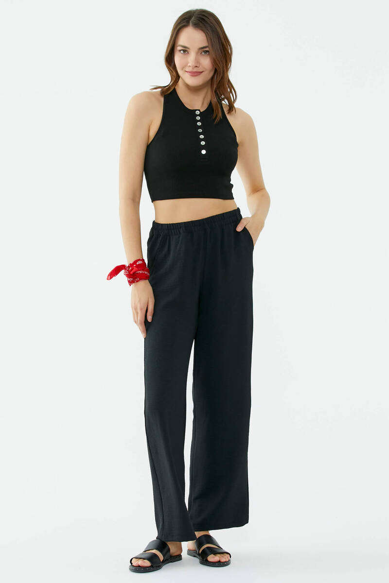Rahat Kalıp Dökümlü Krep Pantolon - Siyah (2) Sementa