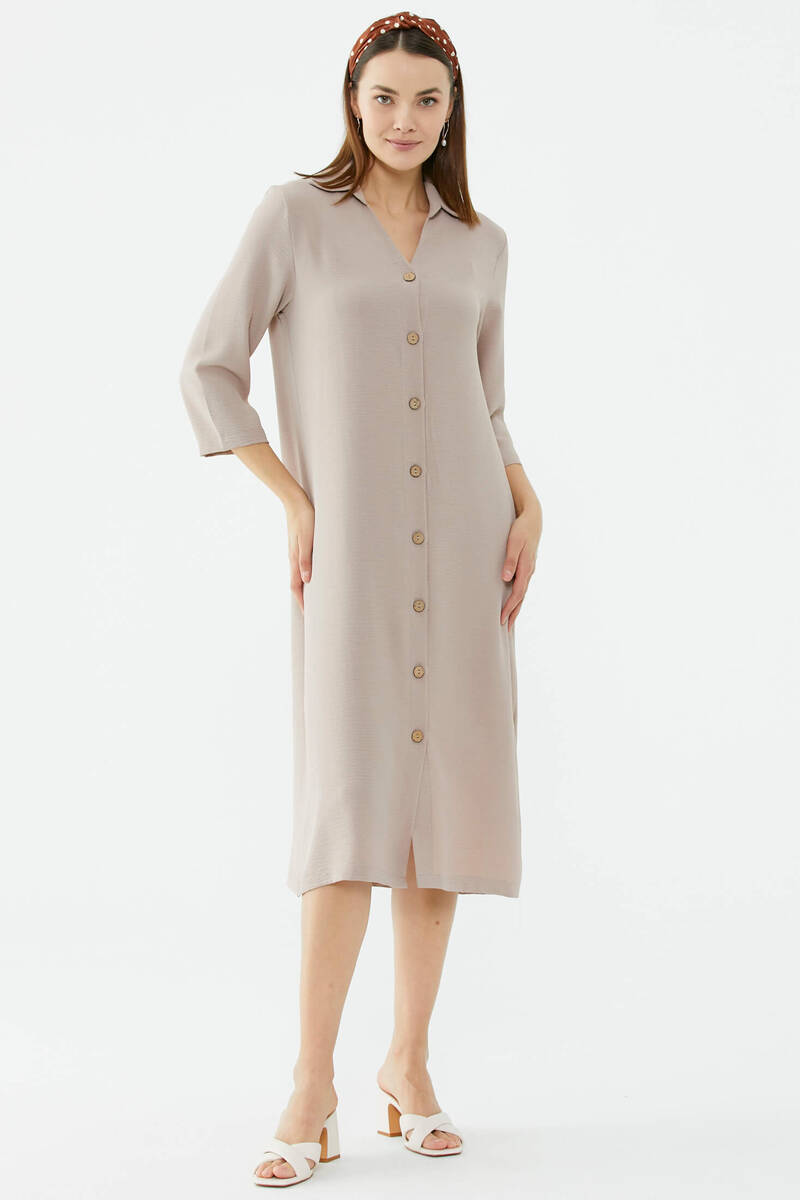 Rahat Kalıp Midi Boy Düğmeli Elbise - Vizon (2) Sementa