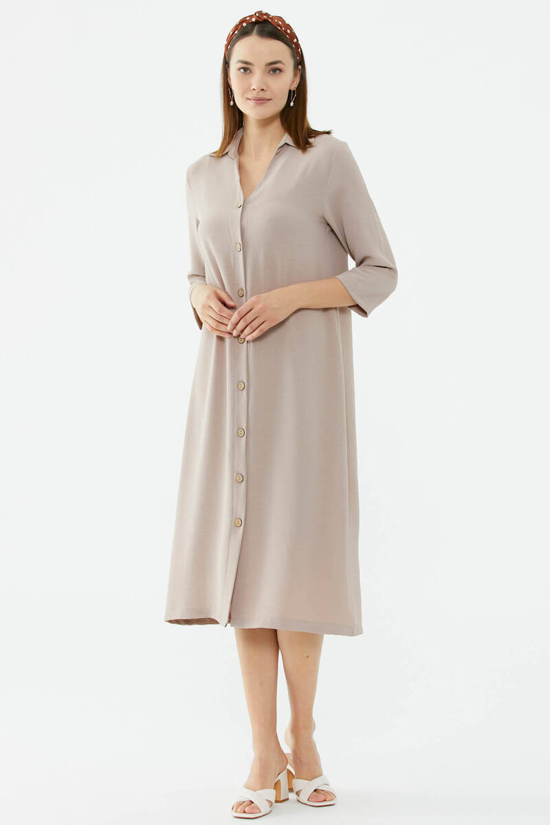 Rahat Kalıp Midi Boy Düğmeli Elbise - Vizon (3) Sementa