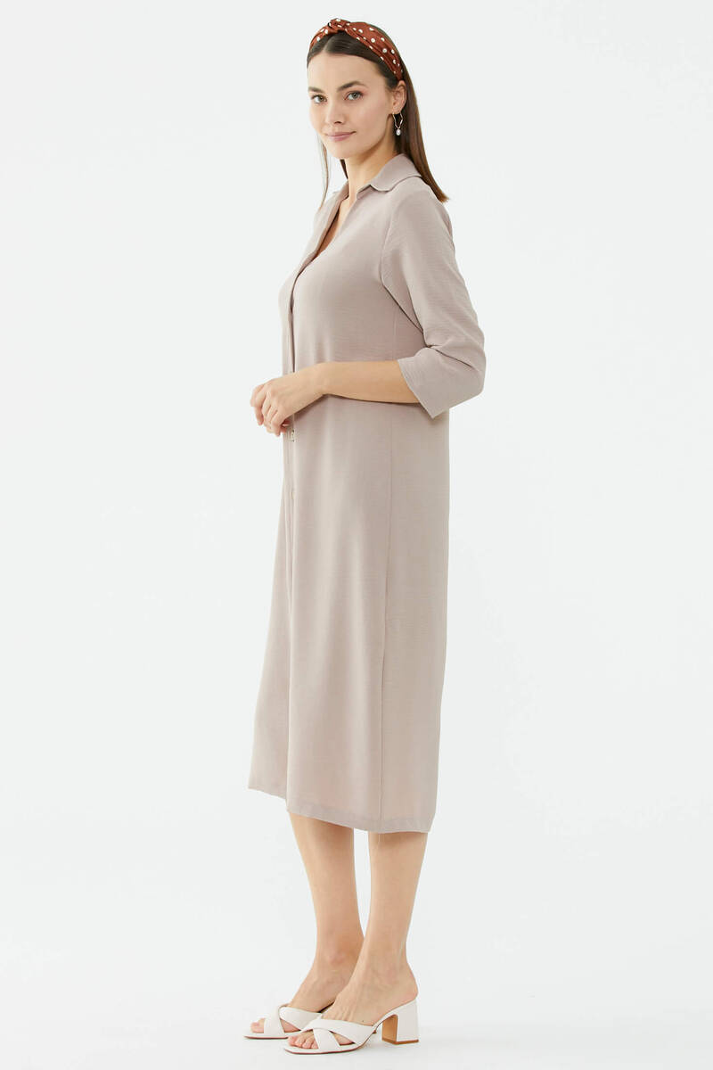 Rahat Kalıp Midi Boy Düğmeli Elbise - Vizon (4) Sementa