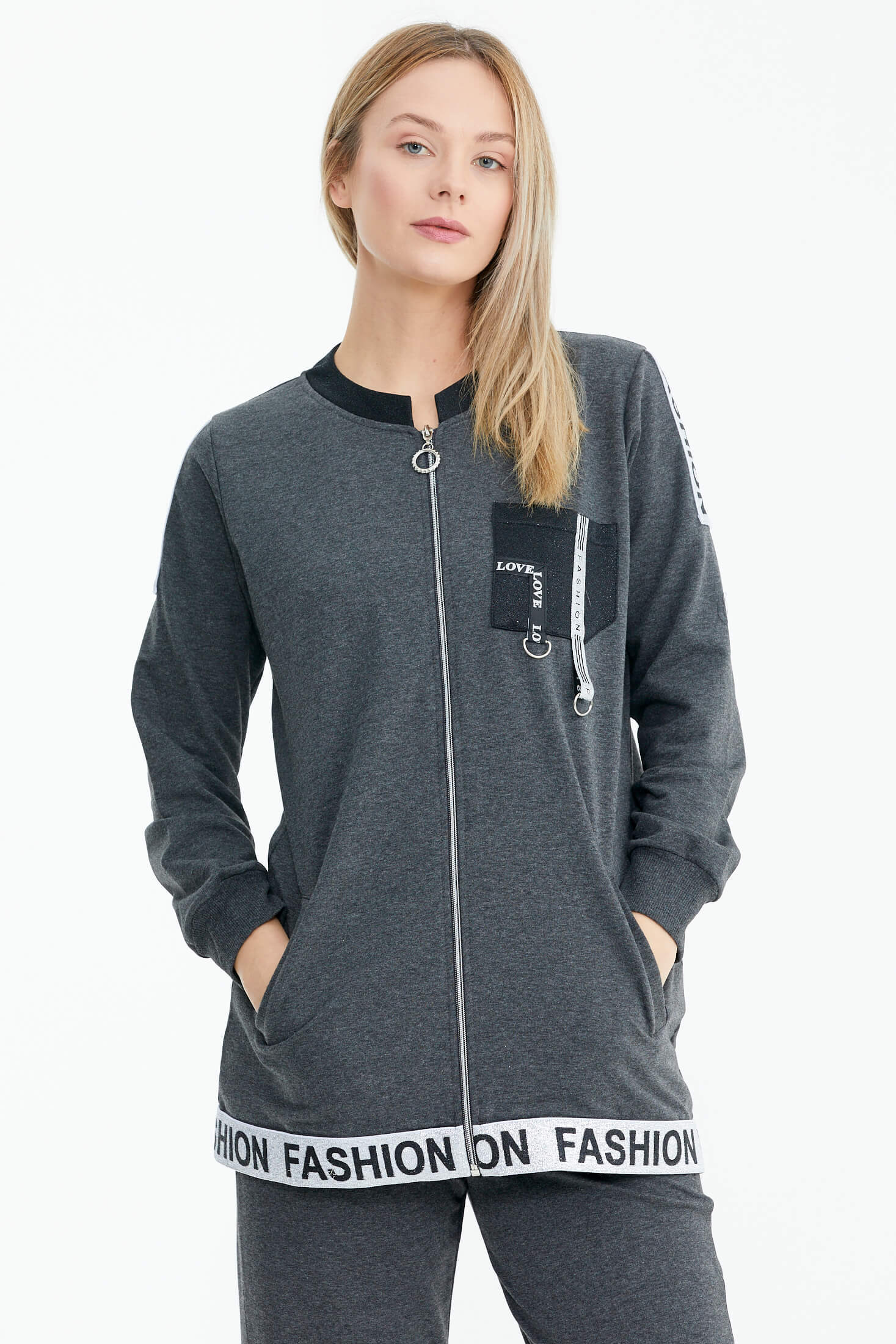 Rahat Kalıp Simli Şerit Detaylı Eşofman Takımı - Antrasit (1) Sementa