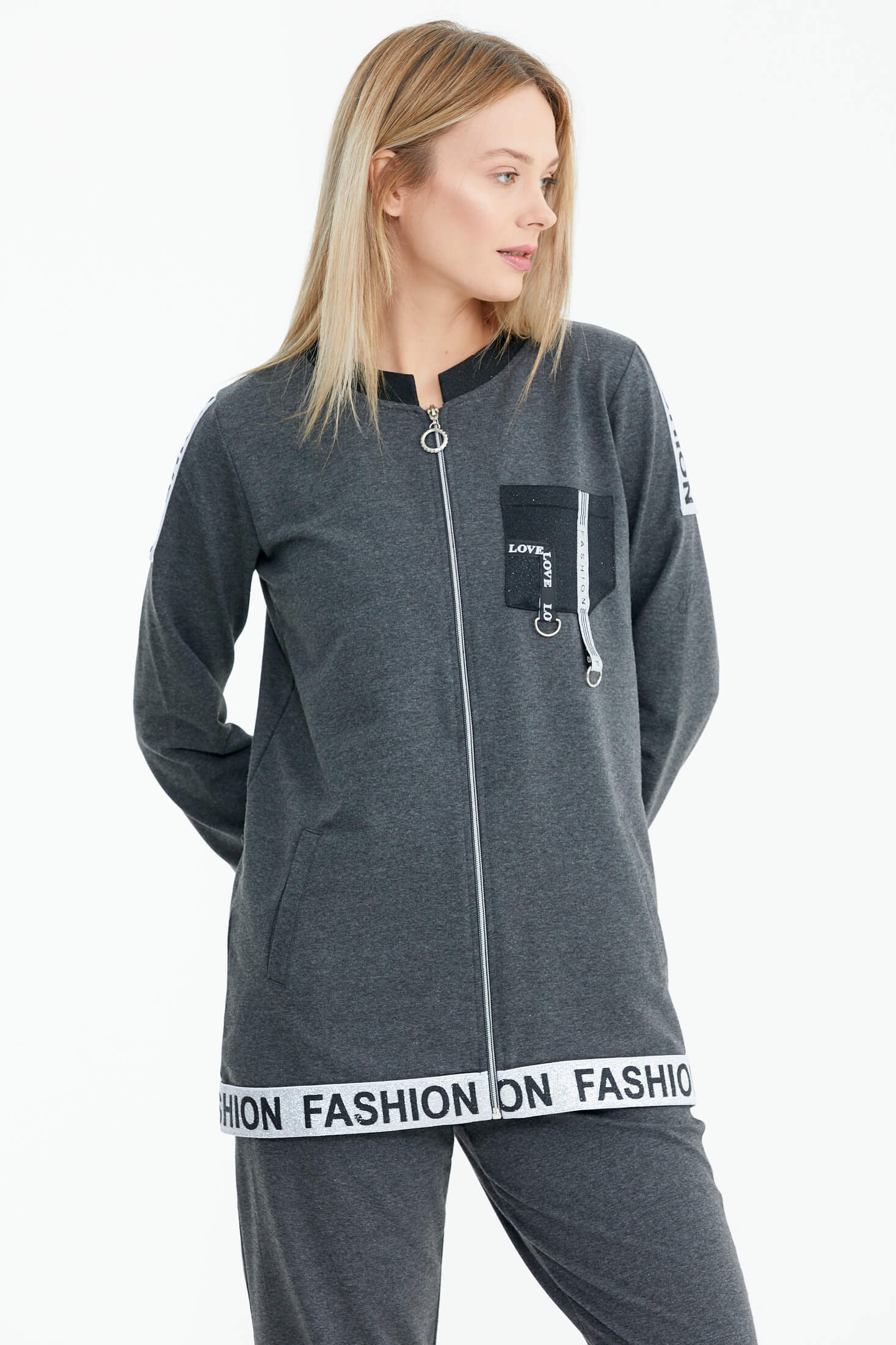 Rahat Kalıp Simli Şerit Detaylı Eşofman Takımı - Antrasit (2) Sementa