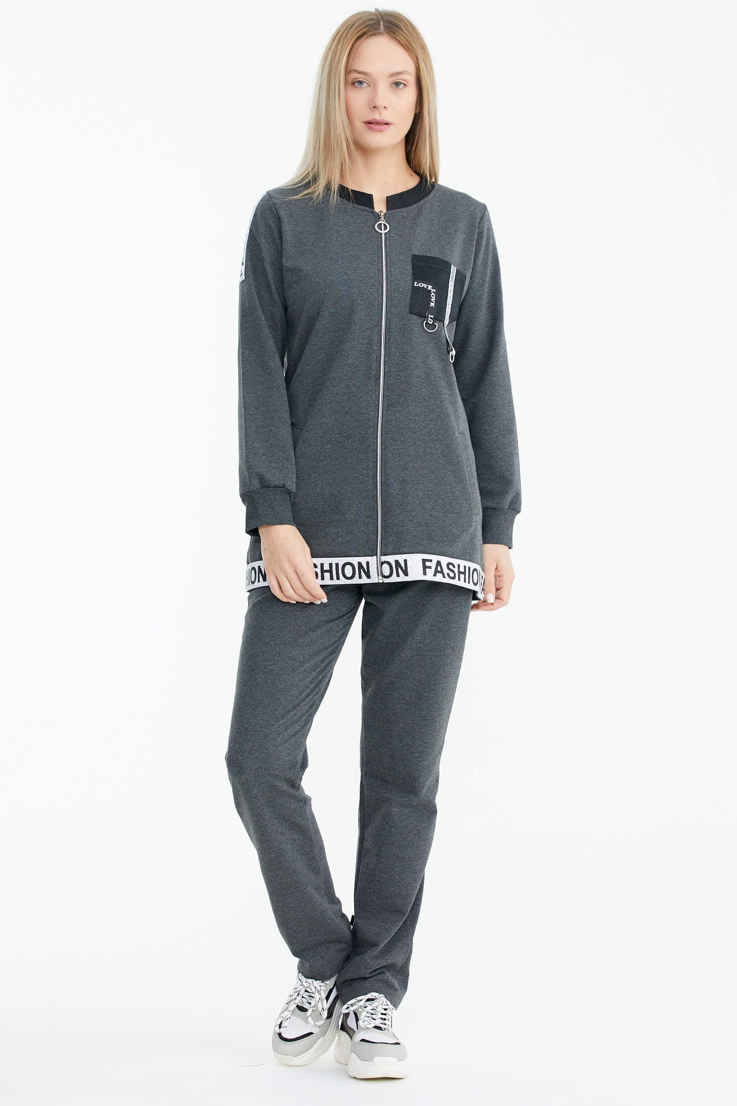 Rahat Kalıp Simli Şerit Detaylı Eşofman Takımı - Antrasit (3) Sementa