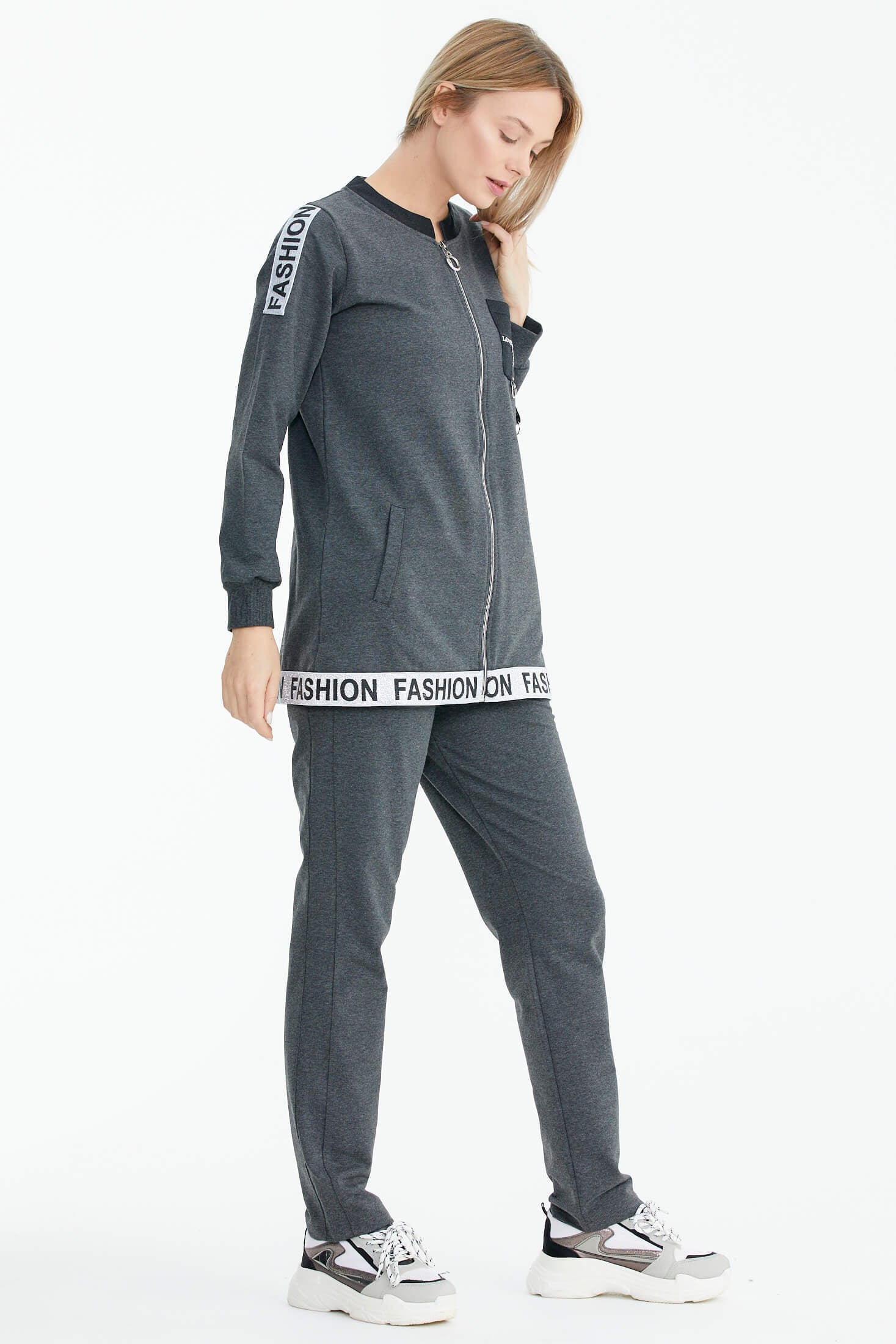 Rahat Kalıp Simli Şerit Detaylı Eşofman Takımı - Antrasit (4) Sementa