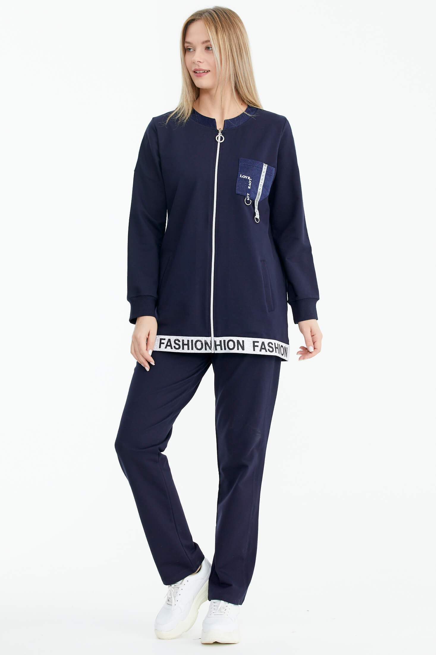 Rahat Kalıp Simli Şerit Detaylı Eşofman Takımı - Lacivert (2) Sementa