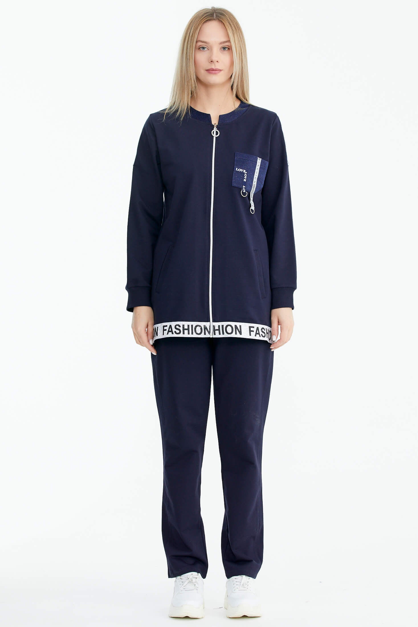 Rahat Kalıp Simli Şerit Detaylı Eşofman Takımı - Lacivert (3) Sementa