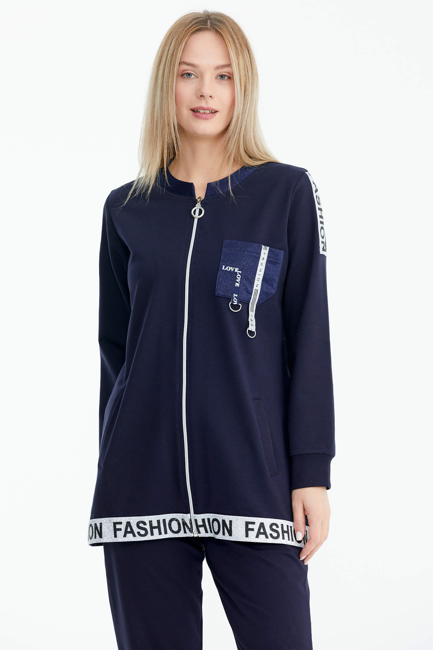 Rahat Kalıp Simli Şerit Detaylı Eşofman Takımı - Lacivert (4) Sementa