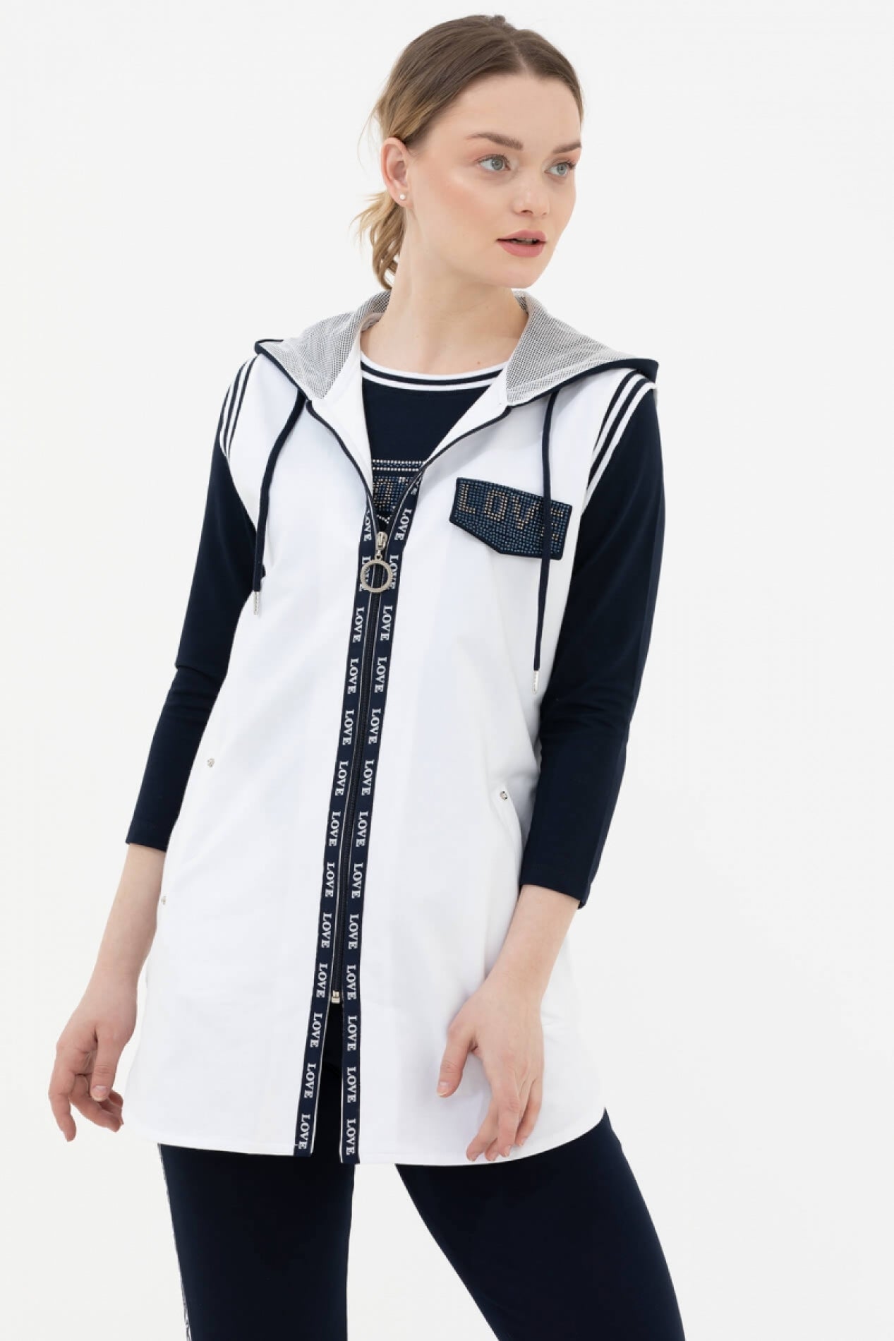 Rahat Kalıp Taşlı Yelekli Eşofman Takım - Beyaz - Lacivert (2) Sementa