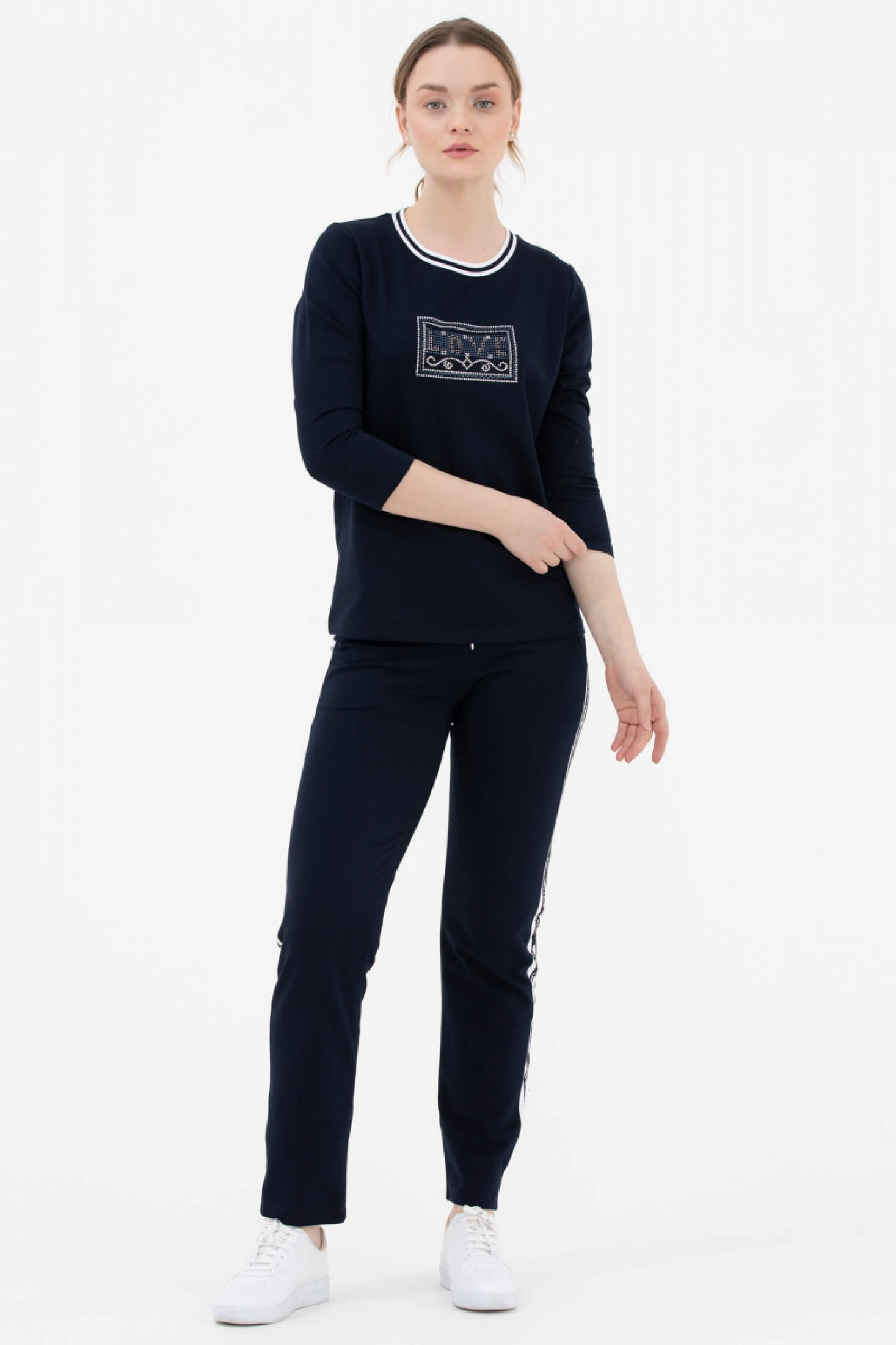 Rahat Kalıp Taşlı Yelekli Eşofman Takım - Beyaz - Lacivert (5) Sementa