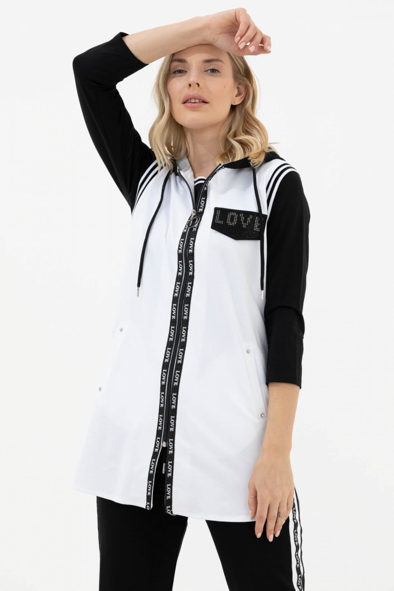 Rahat Kalıp Taşlı Yelekli Eşofman Takım - Beyaz - Siyah (3) Sementa