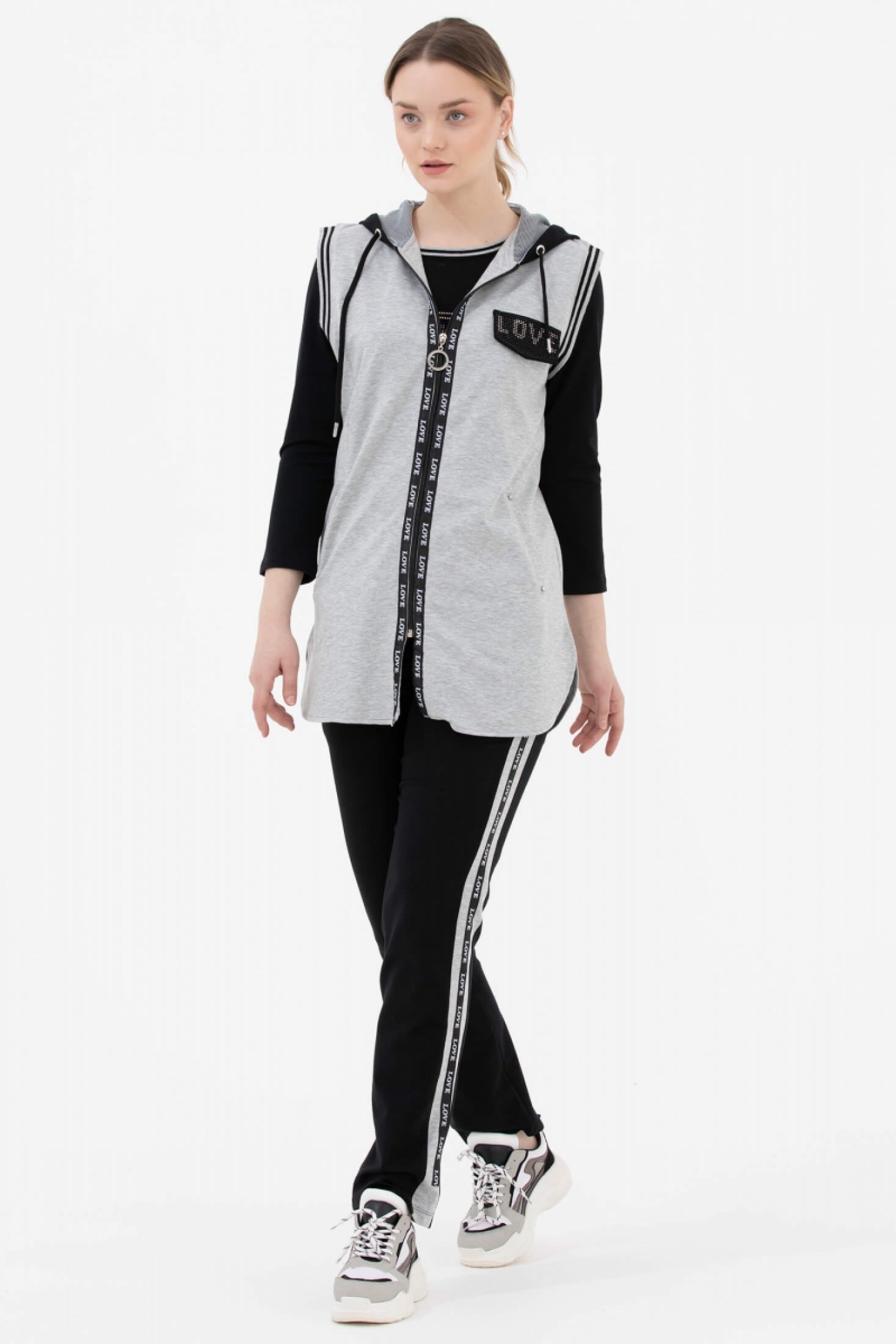 Rahat Kalıp Taşlı Yelekli Eşofman Takım - Gri - Siyah (3) Sementa