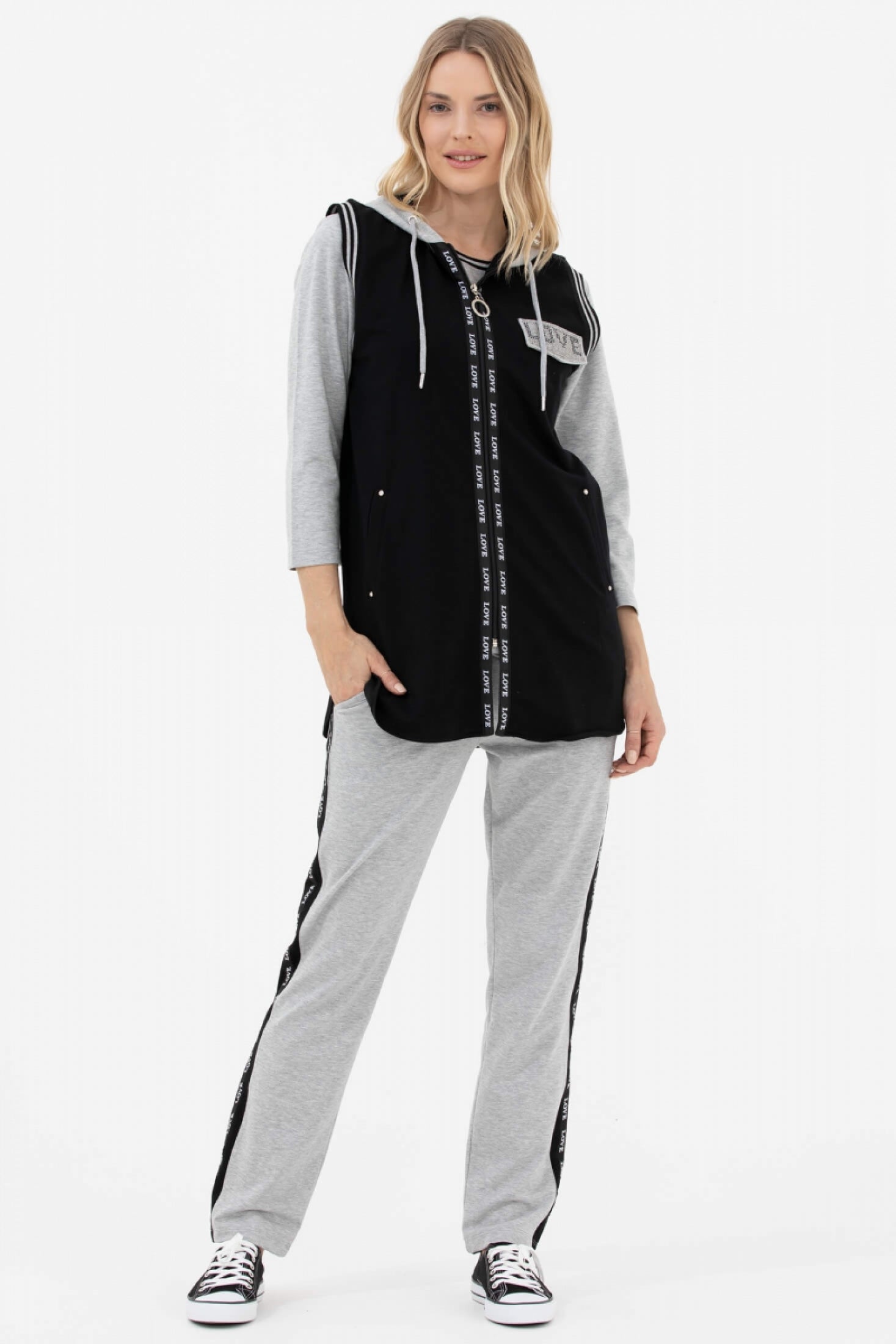 Rahat Kalıp Taşlı Yelekli Eşofman Takım - Siyah - Gri (1) Sementa