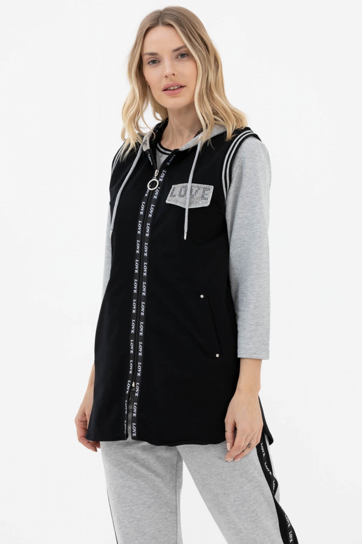 Rahat Kalıp Taşlı Yelekli Eşofman Takım - Siyah - Gri (2) Sementa