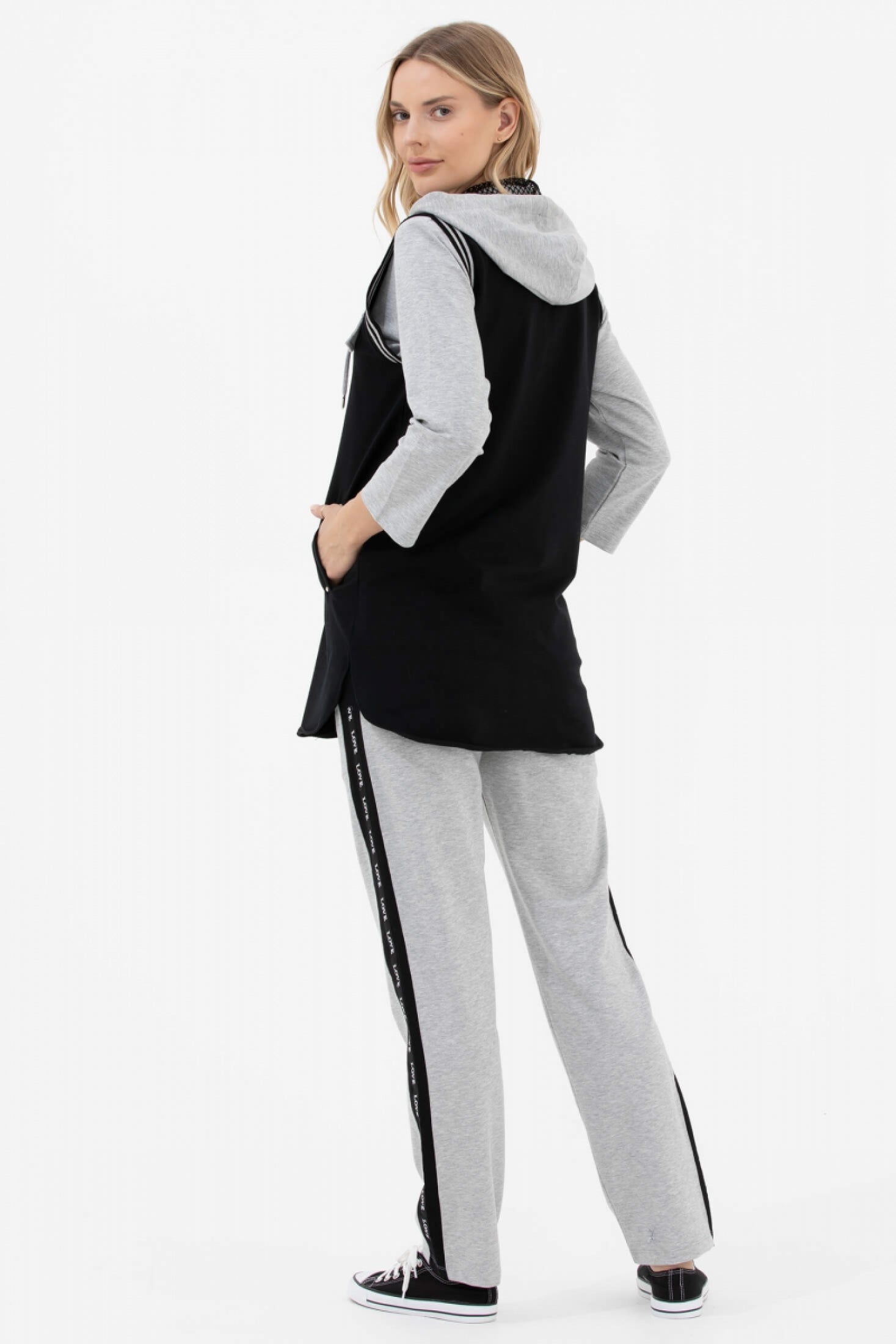 Rahat Kalıp Taşlı Yelekli Eşofman Takım - Siyah - Gri (4) Sementa