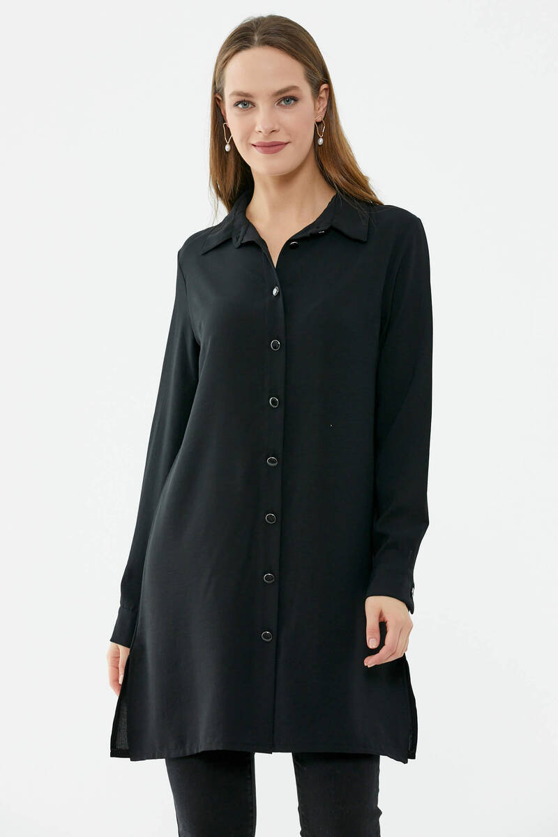 Rahat Kalıp Uzun Krep Gömlek - Siyah (3) Sementa