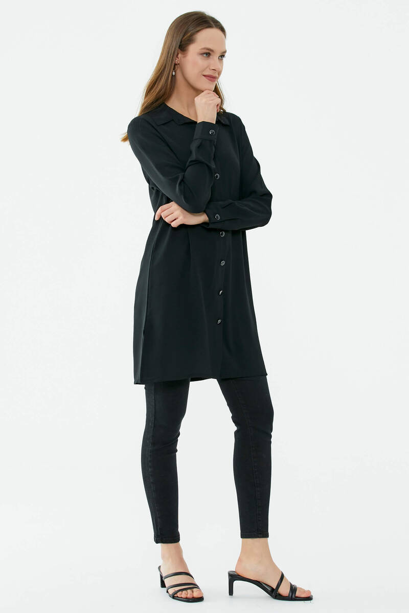 Rahat Kalıp Uzun Krep Gömlek - Siyah (4) Sementa