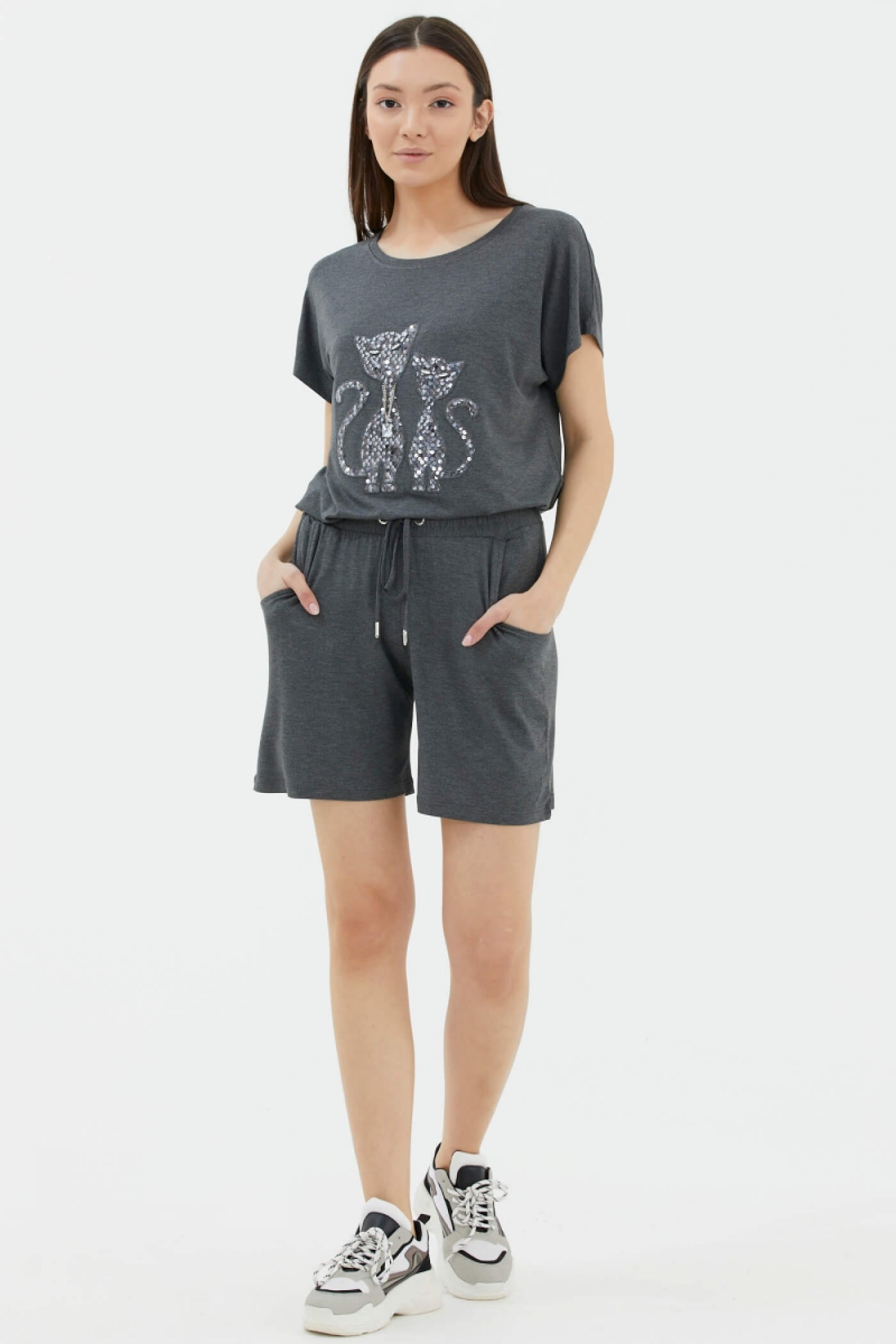 Rahat Kesim Penye Şort - Antrasit (2) Sementa