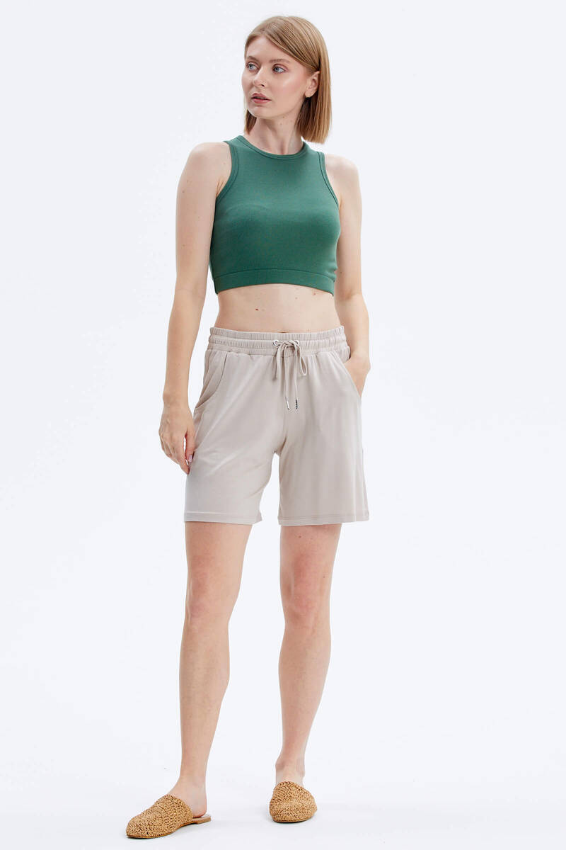Rahat Kesim Penye Şort - Bej (2) Sementa