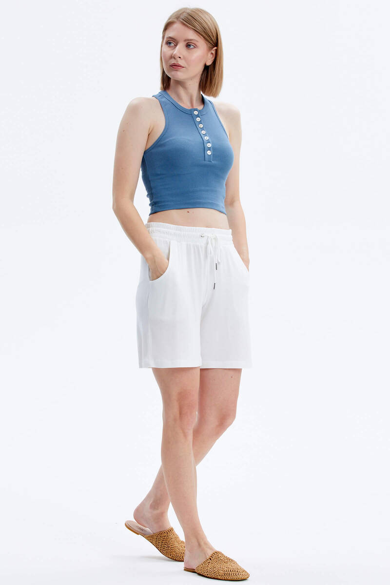 Rahat Kesim Penye Şort - Ekru (3) Sementa