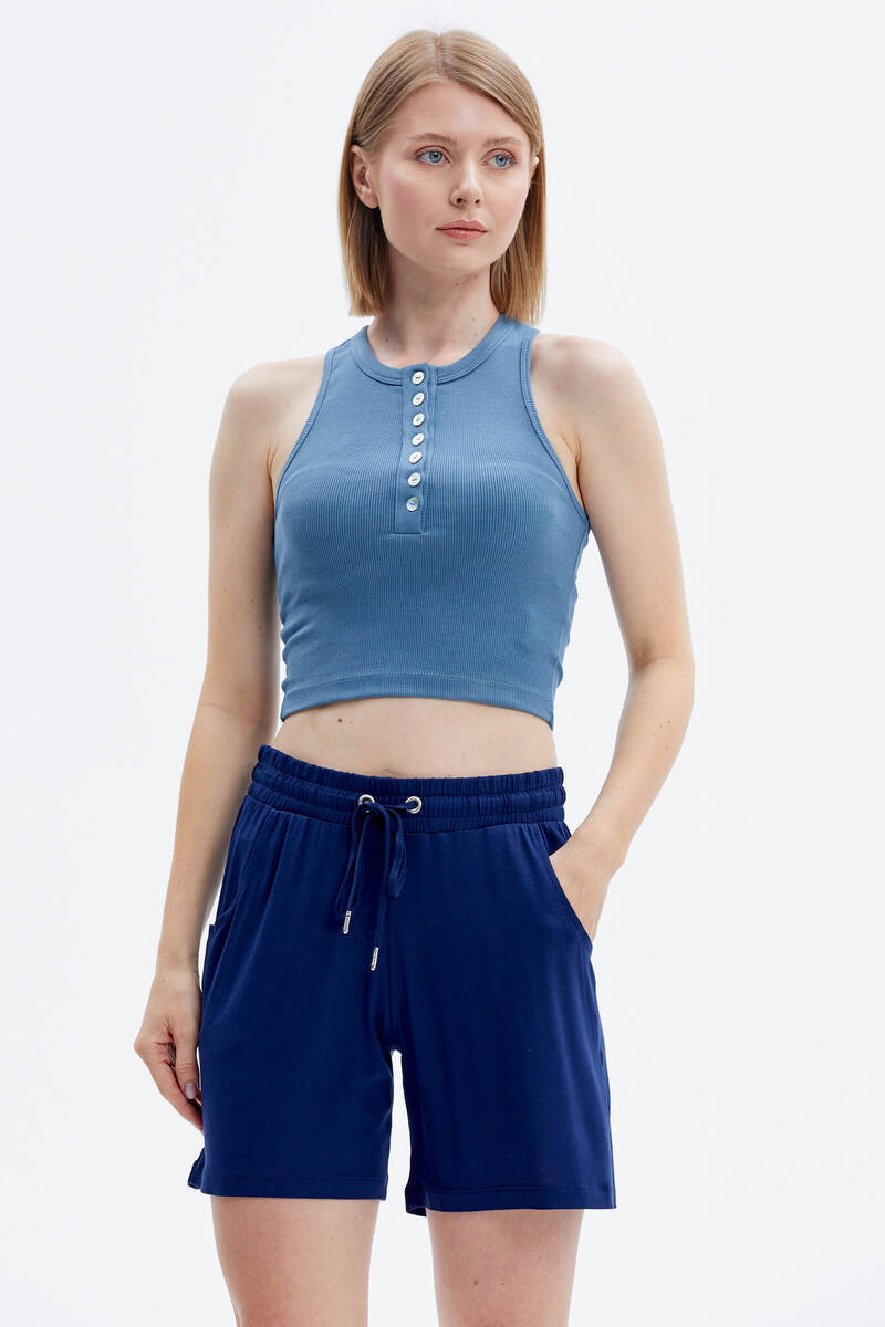 Rahat Kesim Penye Şort - Indigo (1) Sementa