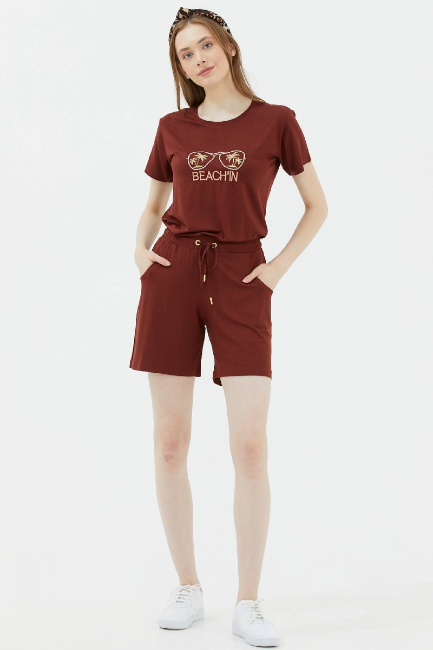 Rahat Kesim Penye Şort - Kiremit (2) Sementa