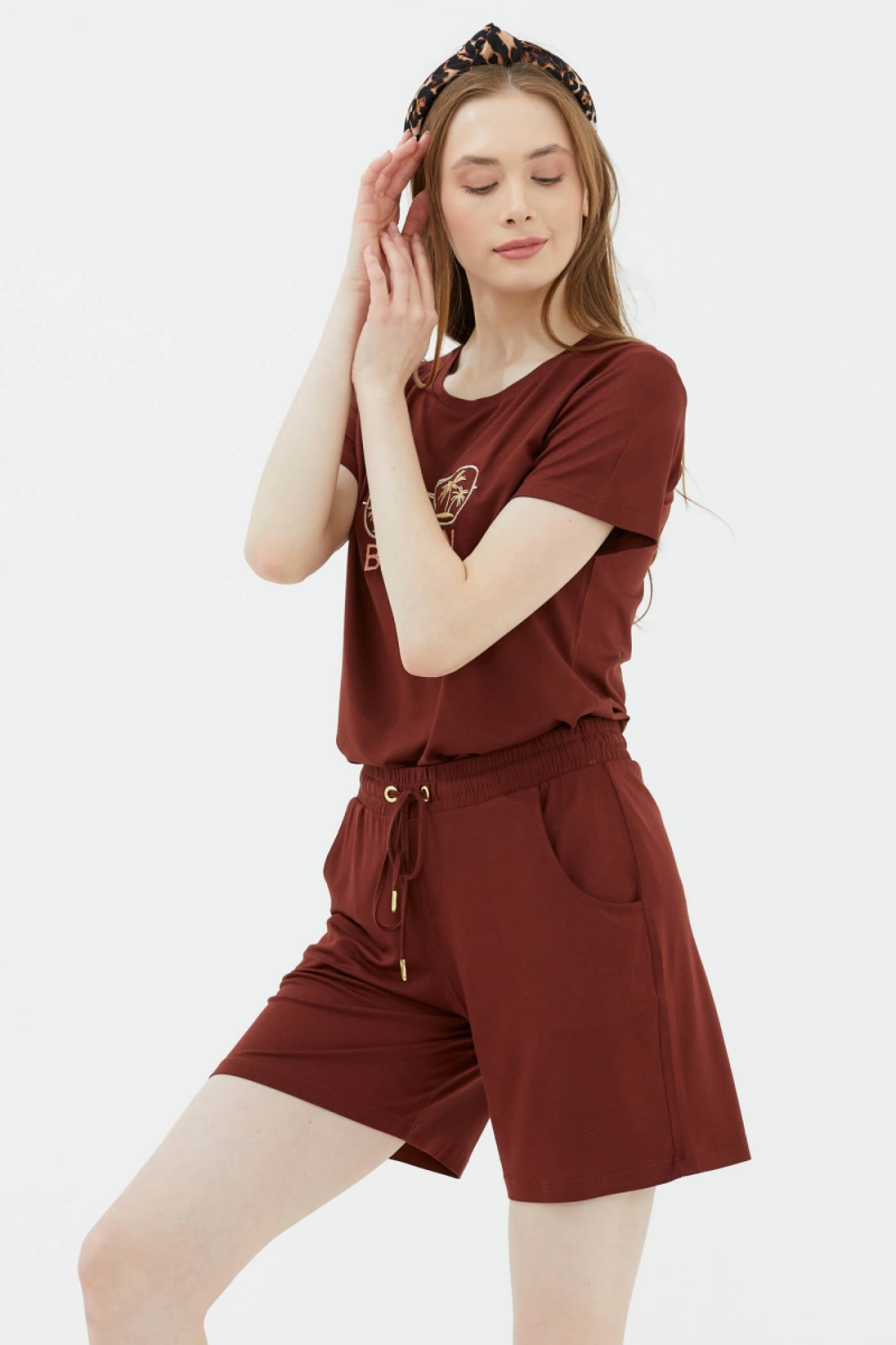 Rahat Kesim Penye Şort - Kiremit (3) Sementa