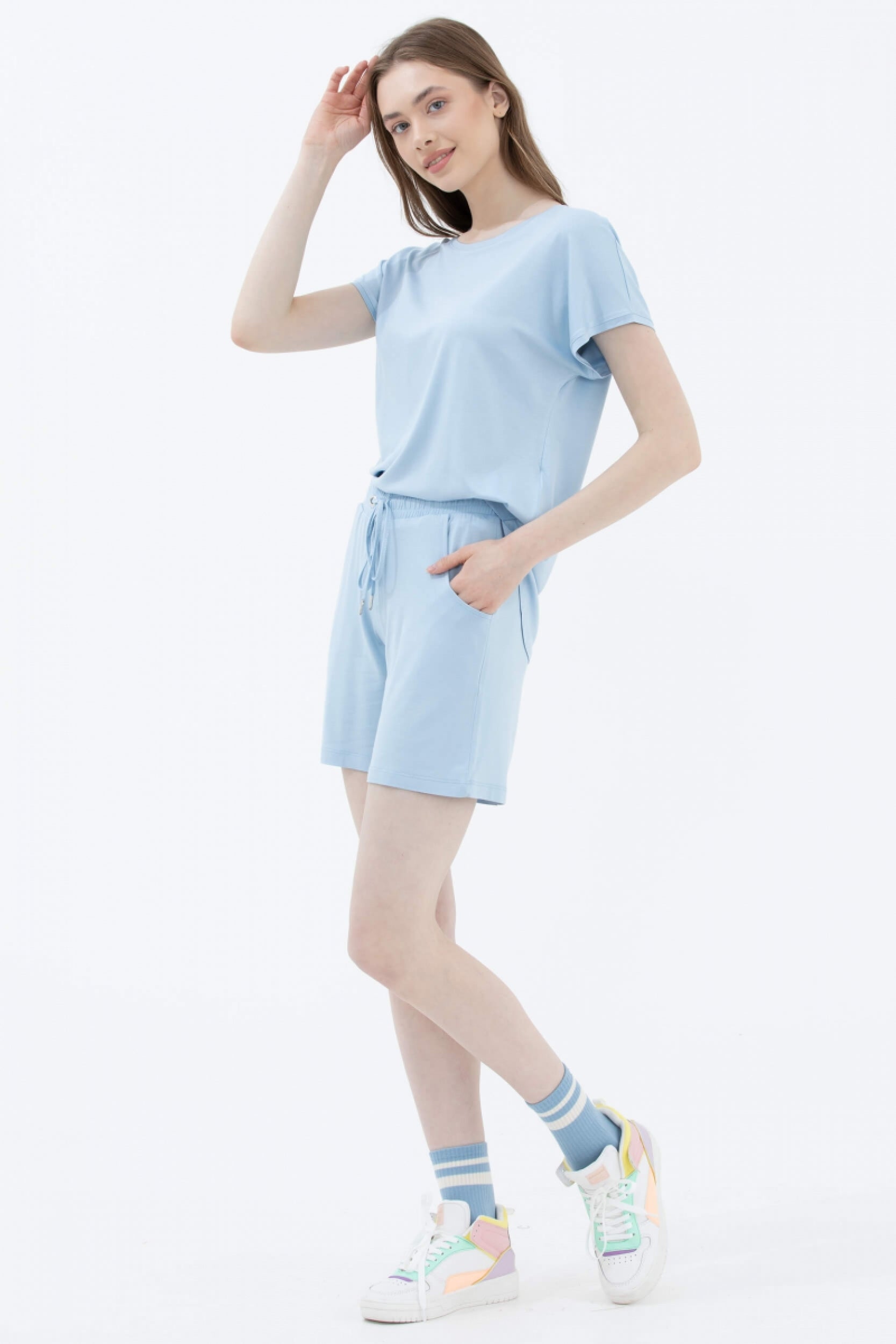 Rahat Kesim Penye Şort - Mavi (1) Sementa