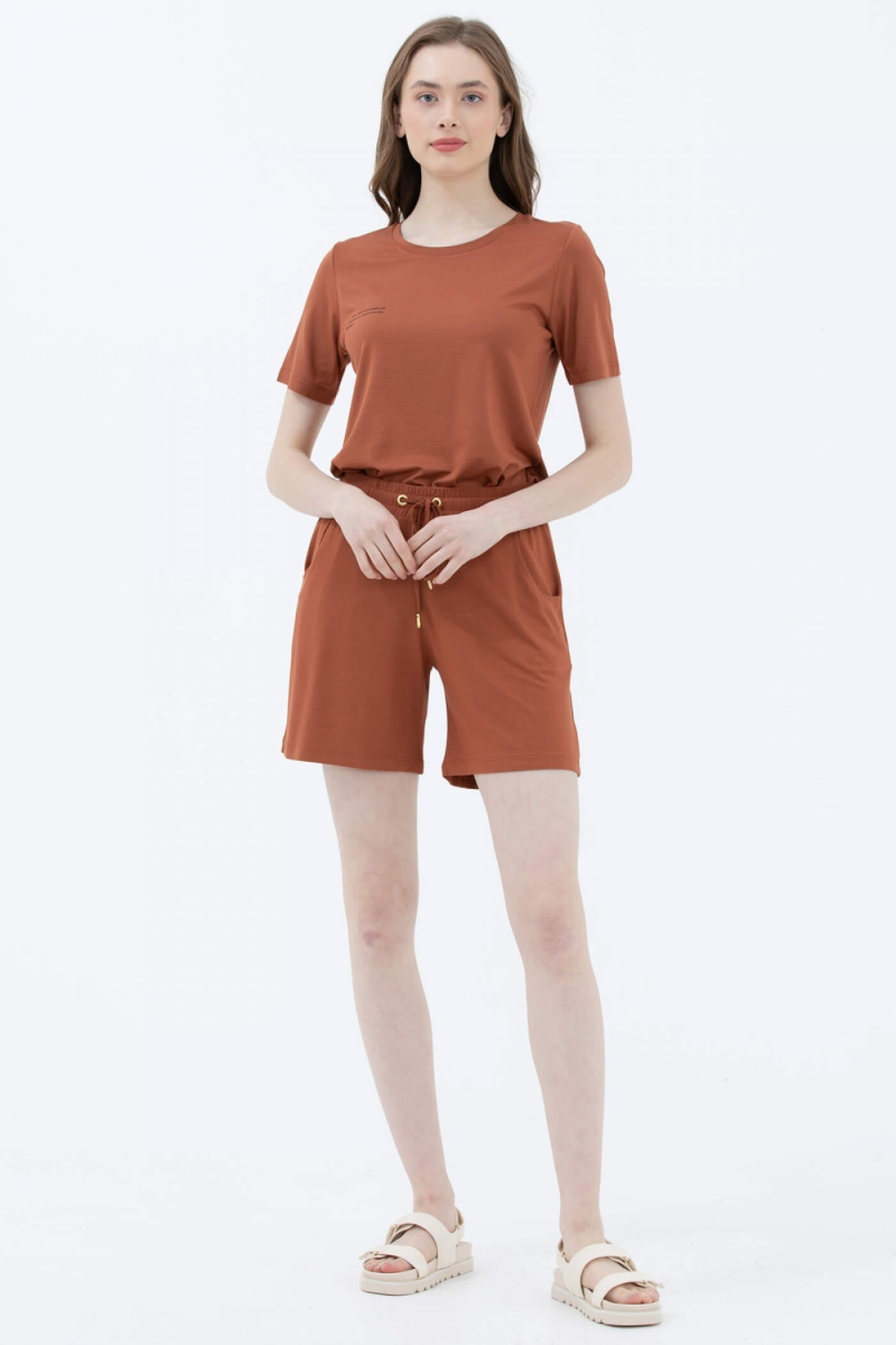 Rahat Kesim Penye Şort - Taba (2) Sementa