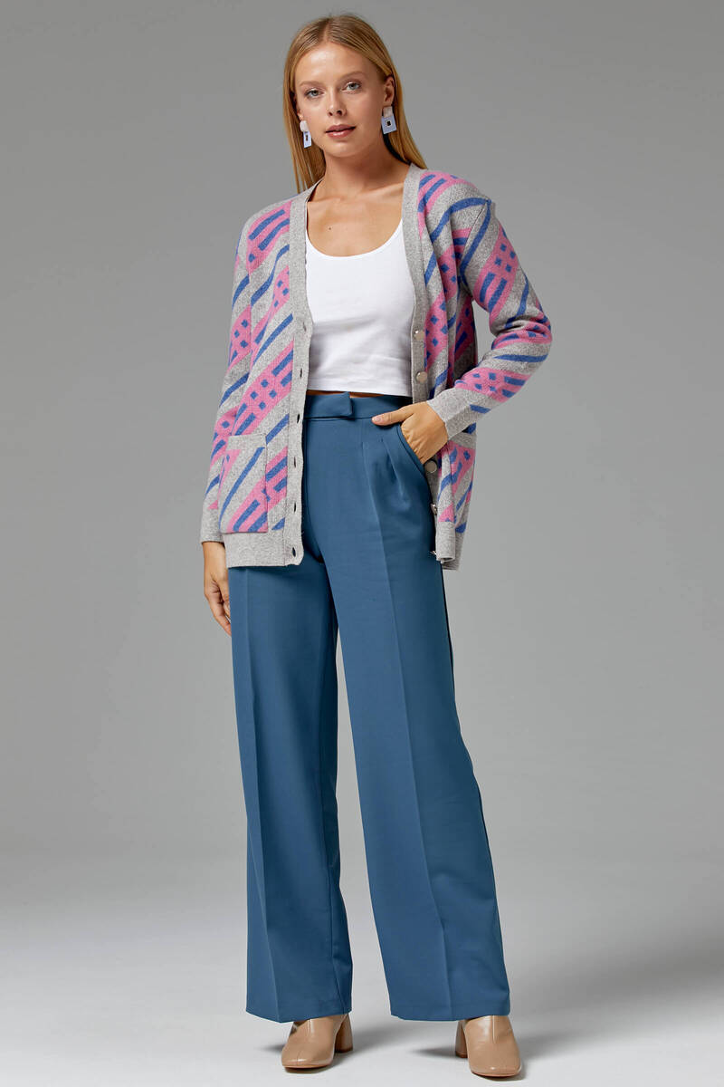 Renkli Blok Desen Triko Hırka - Vizon (1) Sementa