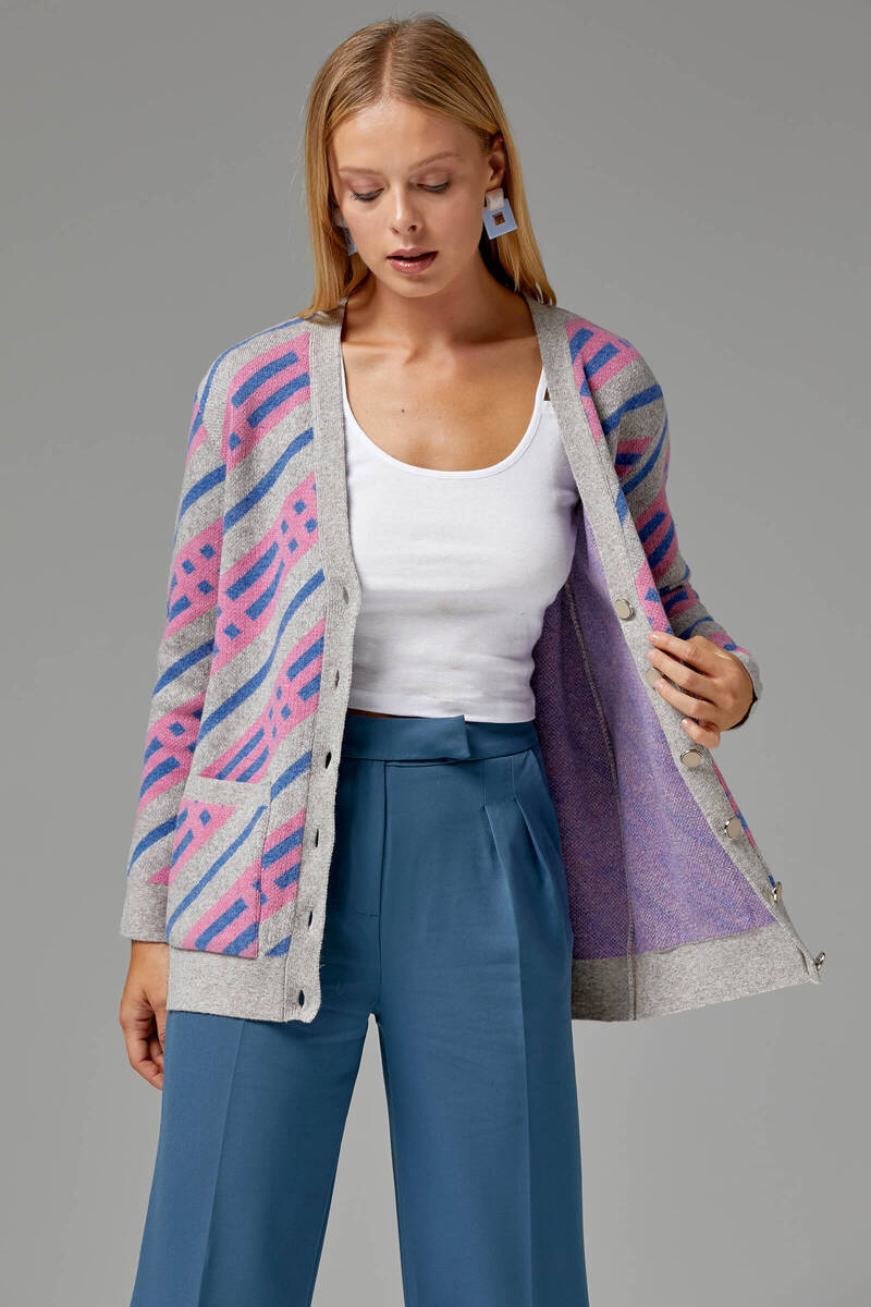 Renkli Blok Desen Triko Hırka - Vizon (2) Sementa