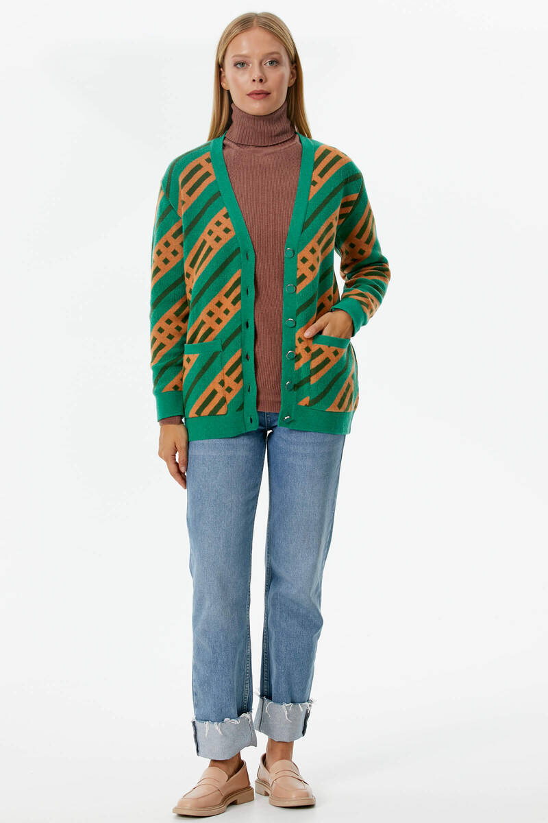 Renkli Blok Desen Triko Hırka - Yeşil (3) Sementa