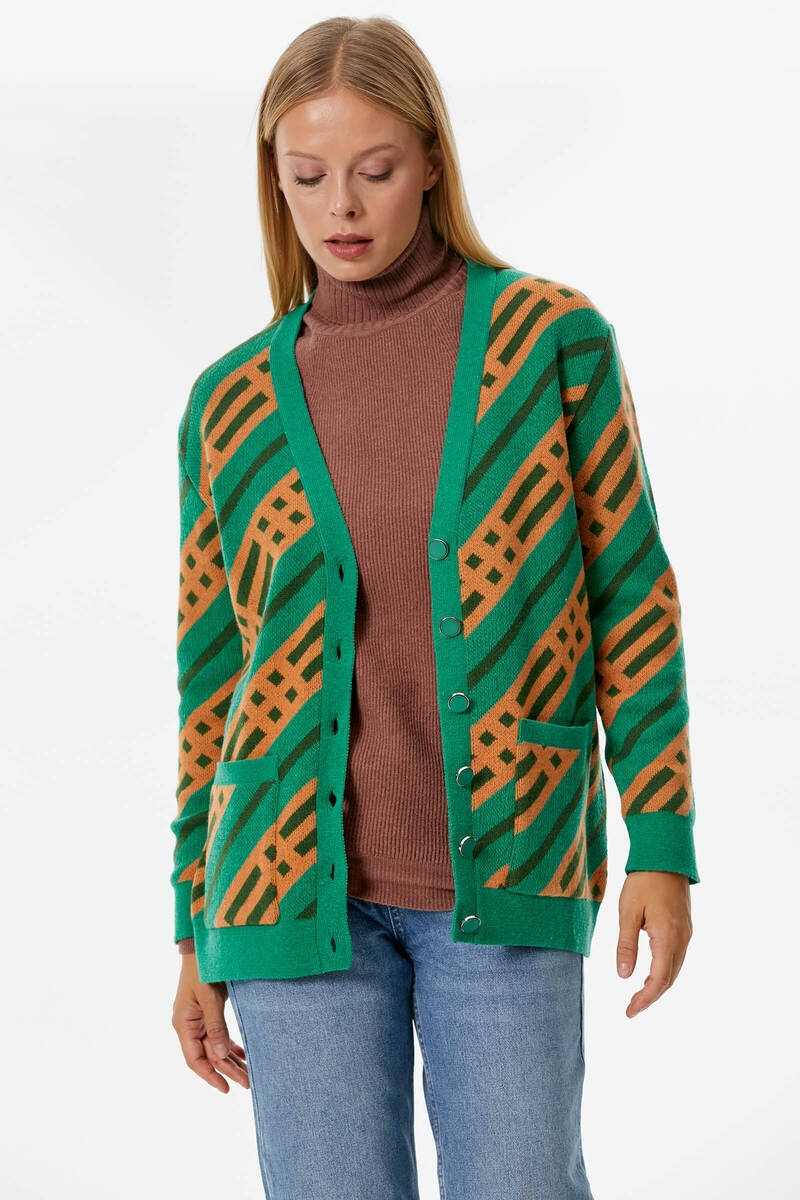 Renkli Blok Desen Triko Hırka - Yeşil (4) Sementa