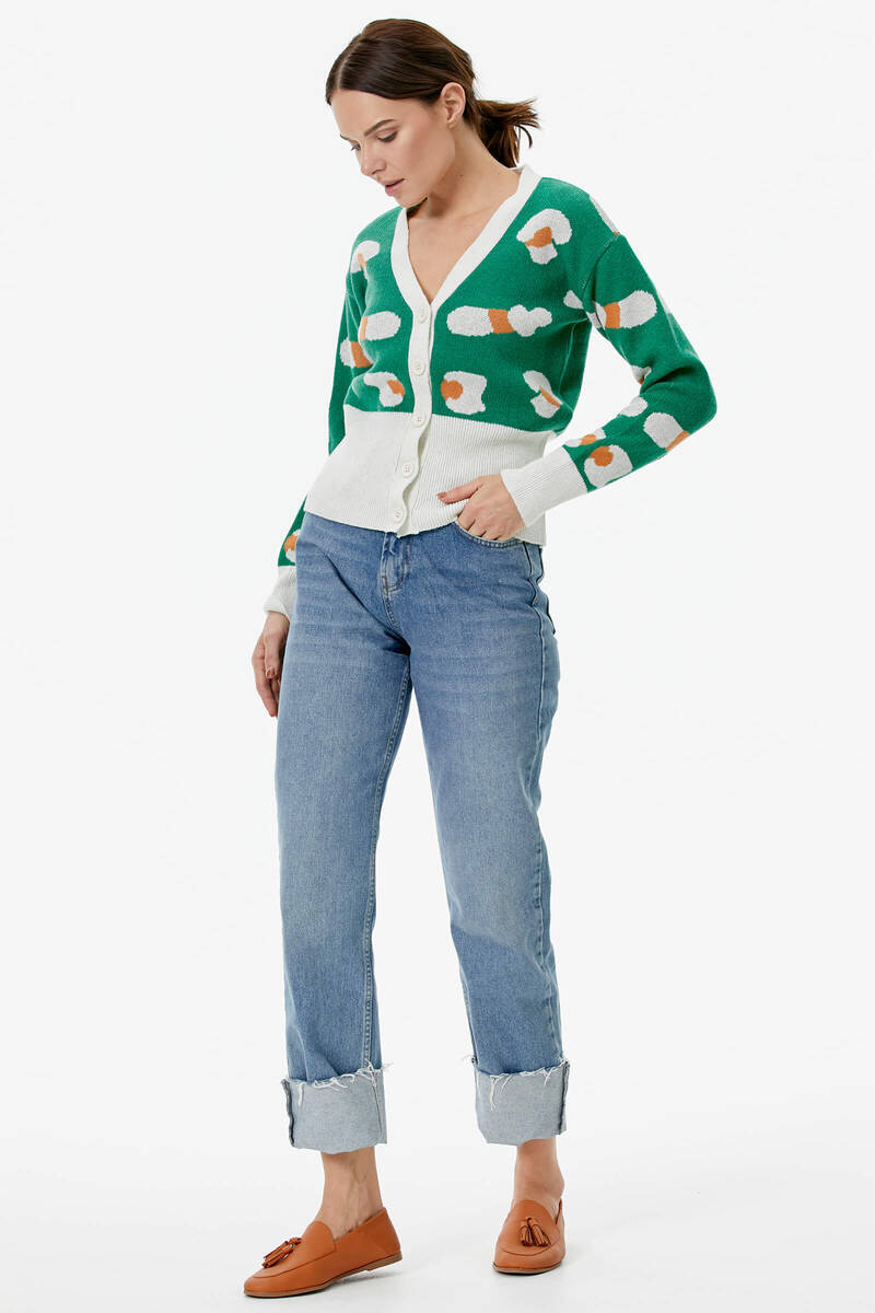 Renkli Desenli Düğmeli Triko Hırka - Beyaz (1) Sementa