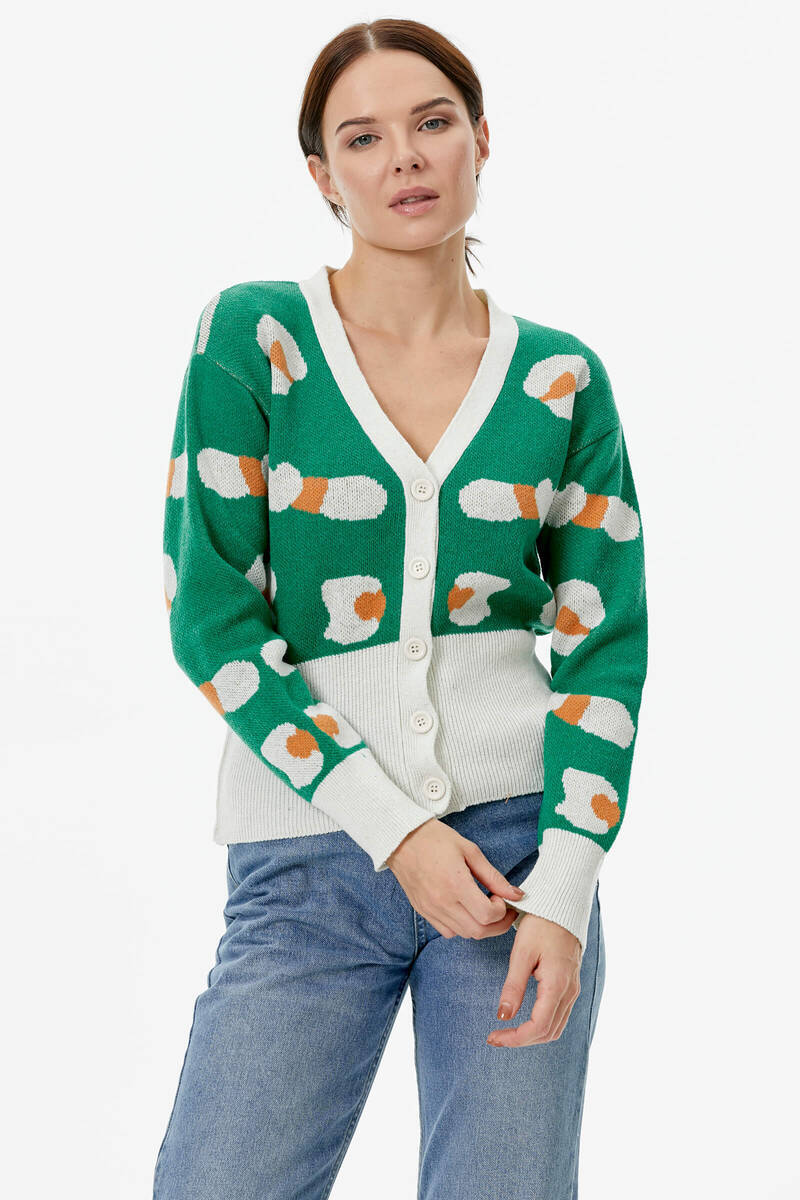 Renkli Desenli Düğmeli Triko Hırka - Beyaz (2) Sementa