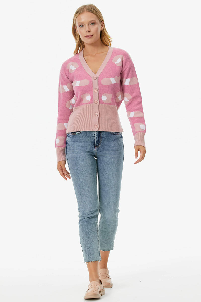 Renkli Desenli Düğmeli Triko Hırka - Somon (2) Sementa