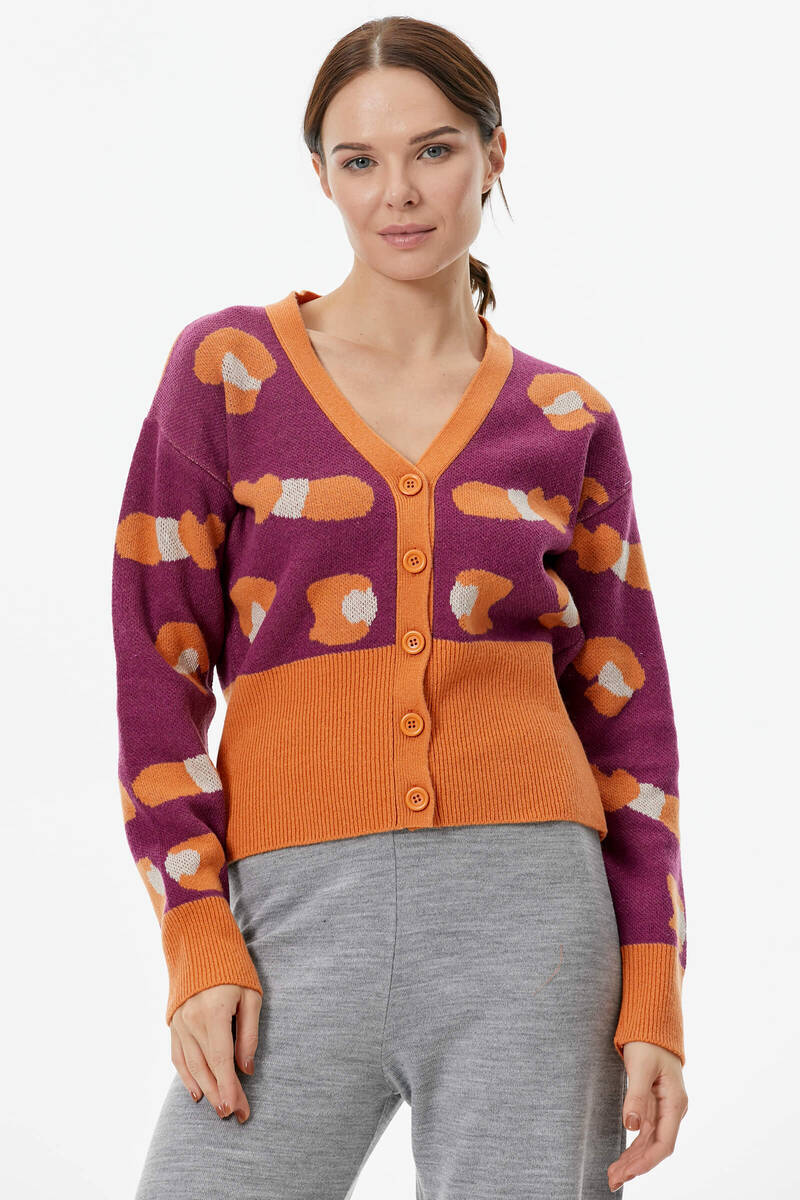 Renkli Desenli Düğmeli Triko Hırka - Taba (2) Sementa