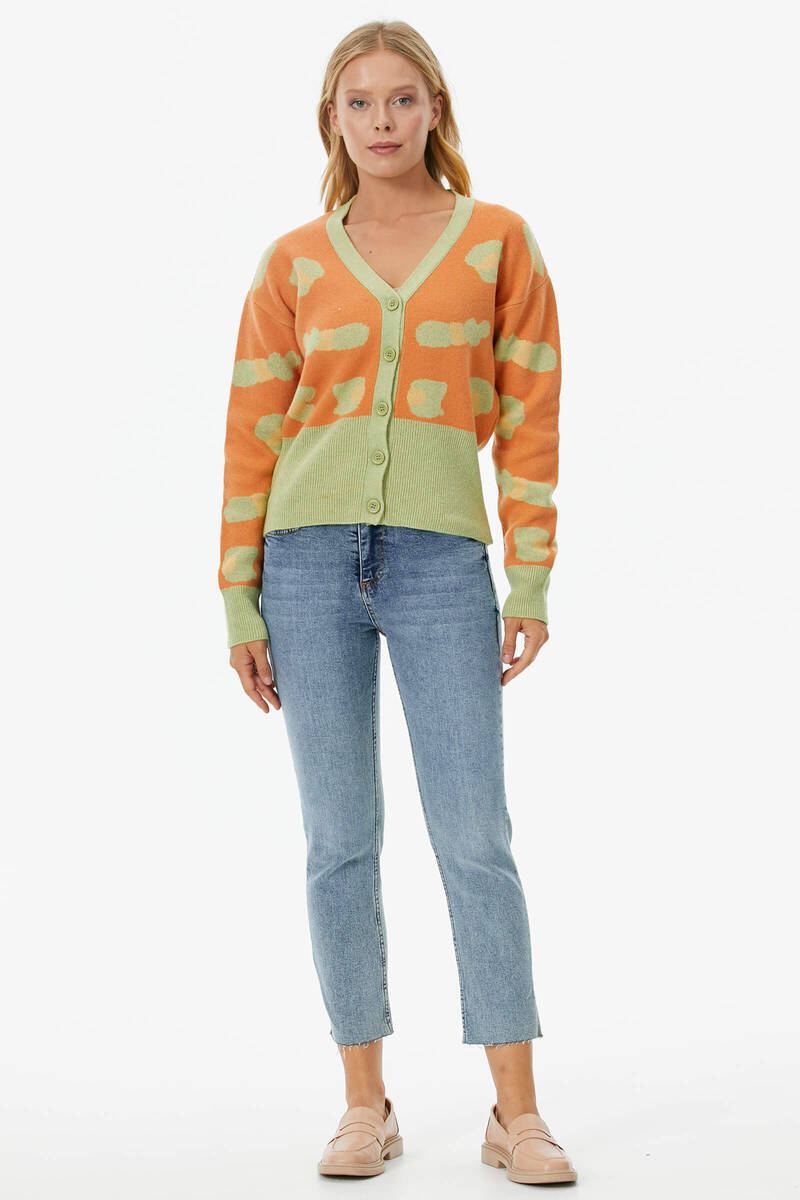 Renkli Desenli Düğmeli Triko Hırka - Yeşil (2) Sementa