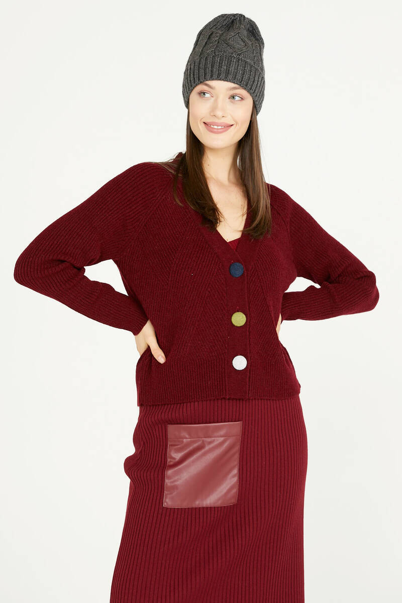 Renkli Düğmeli Triko Hırka - Bordo (1) Sementa