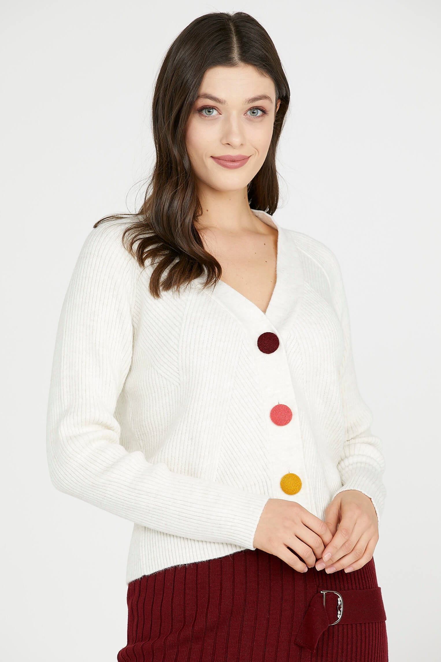 Renkli Düğmeli Triko Hırka - Kemik (2) Sementa