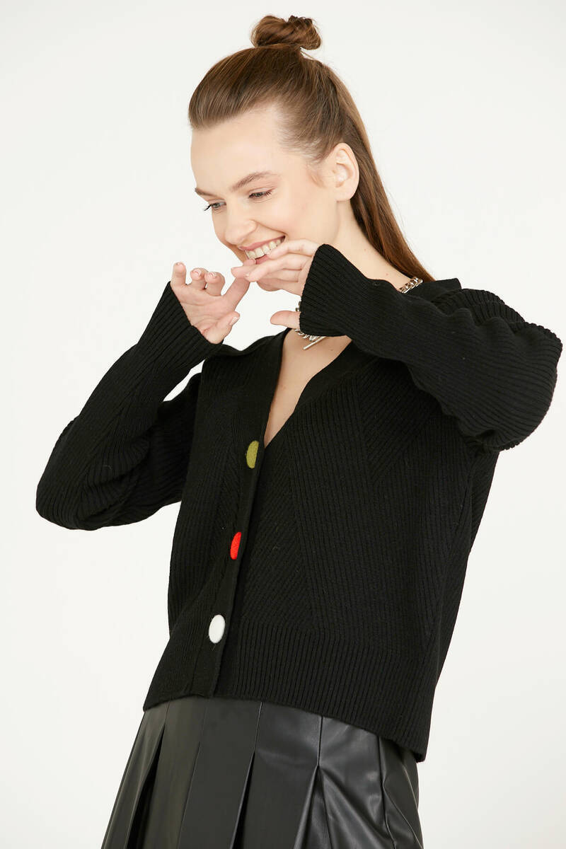 Renkli Düğmeli Triko Hırka - Siyah (2) Sementa