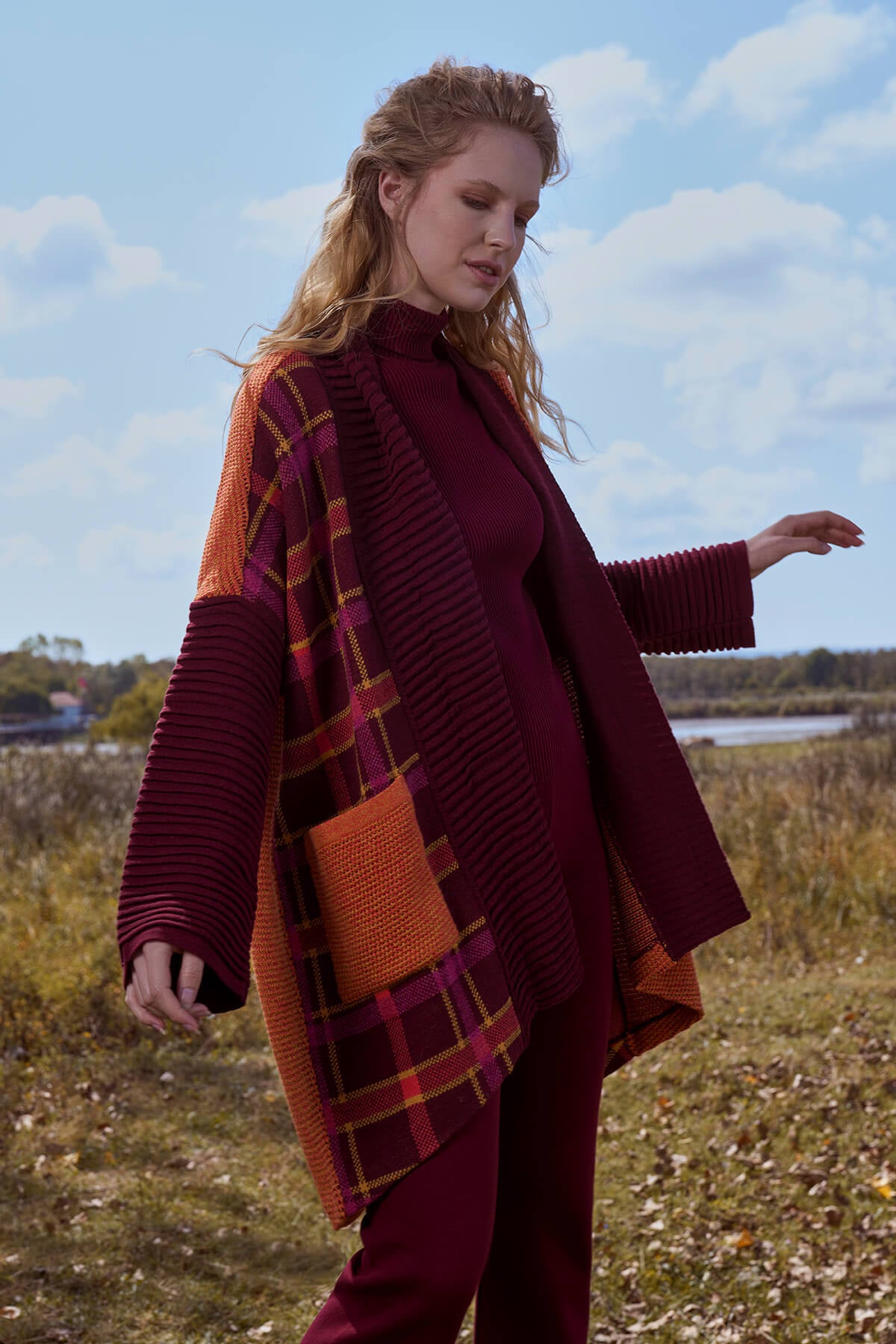 Şal Yaka Cepli Triko Hırka - Bordo (1) Sementa