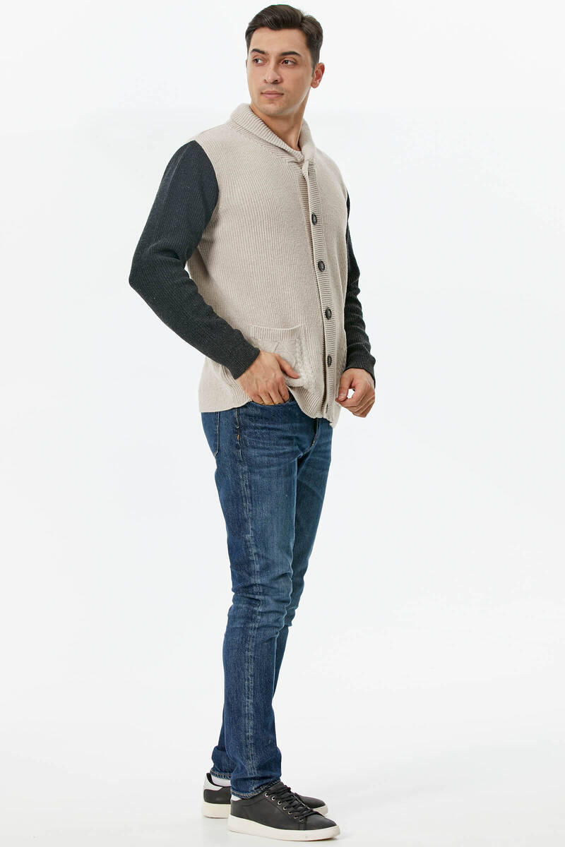 Şal Yaka Düğmeli Triko Hırka - Bej - Antrasit (3) Sementa